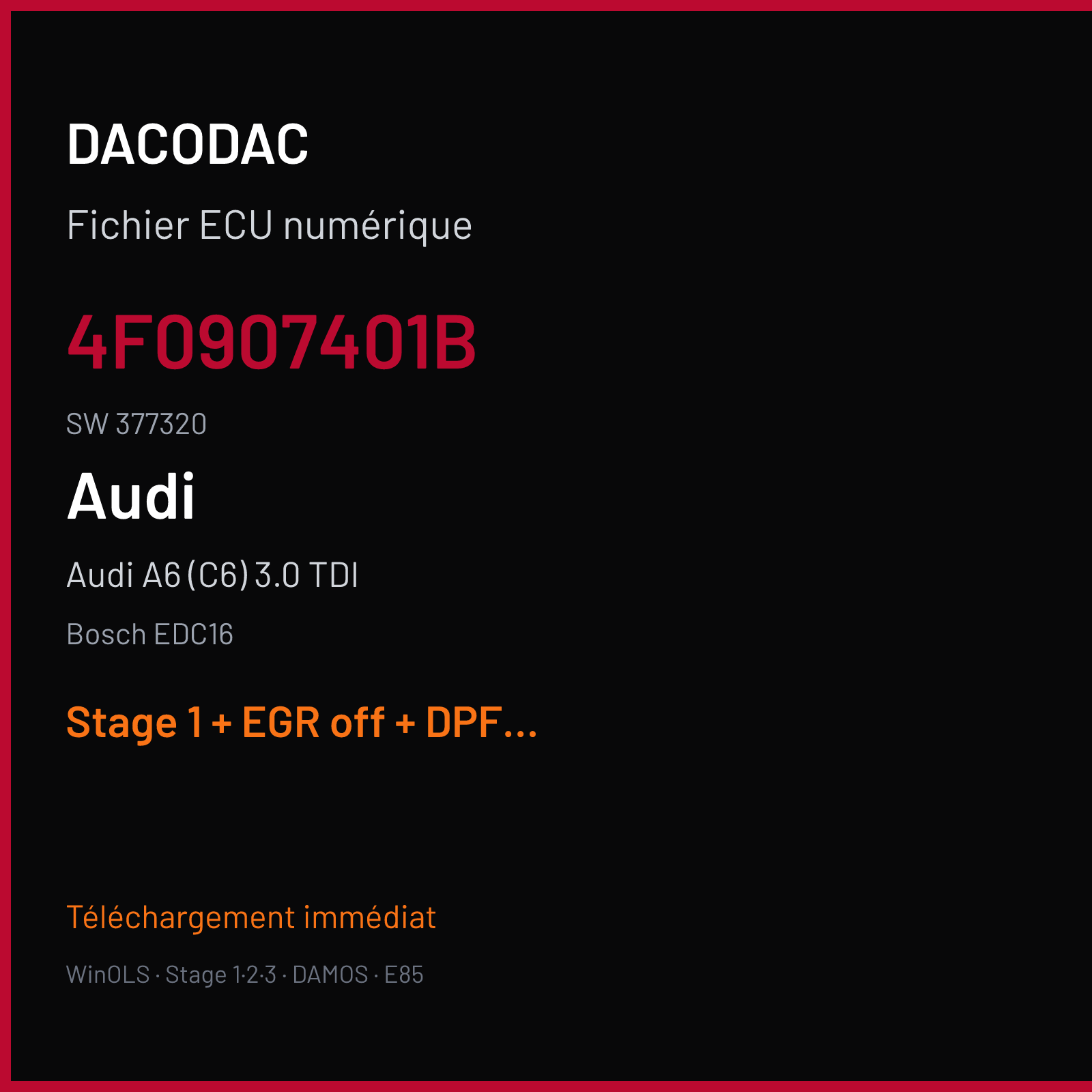 Audi A6 (C6) 3.0 TDI (2006) — Bosch EDC16 — 4F0907401B · 377320 — Stage 1 + EGR off + DPF off + VMAX off