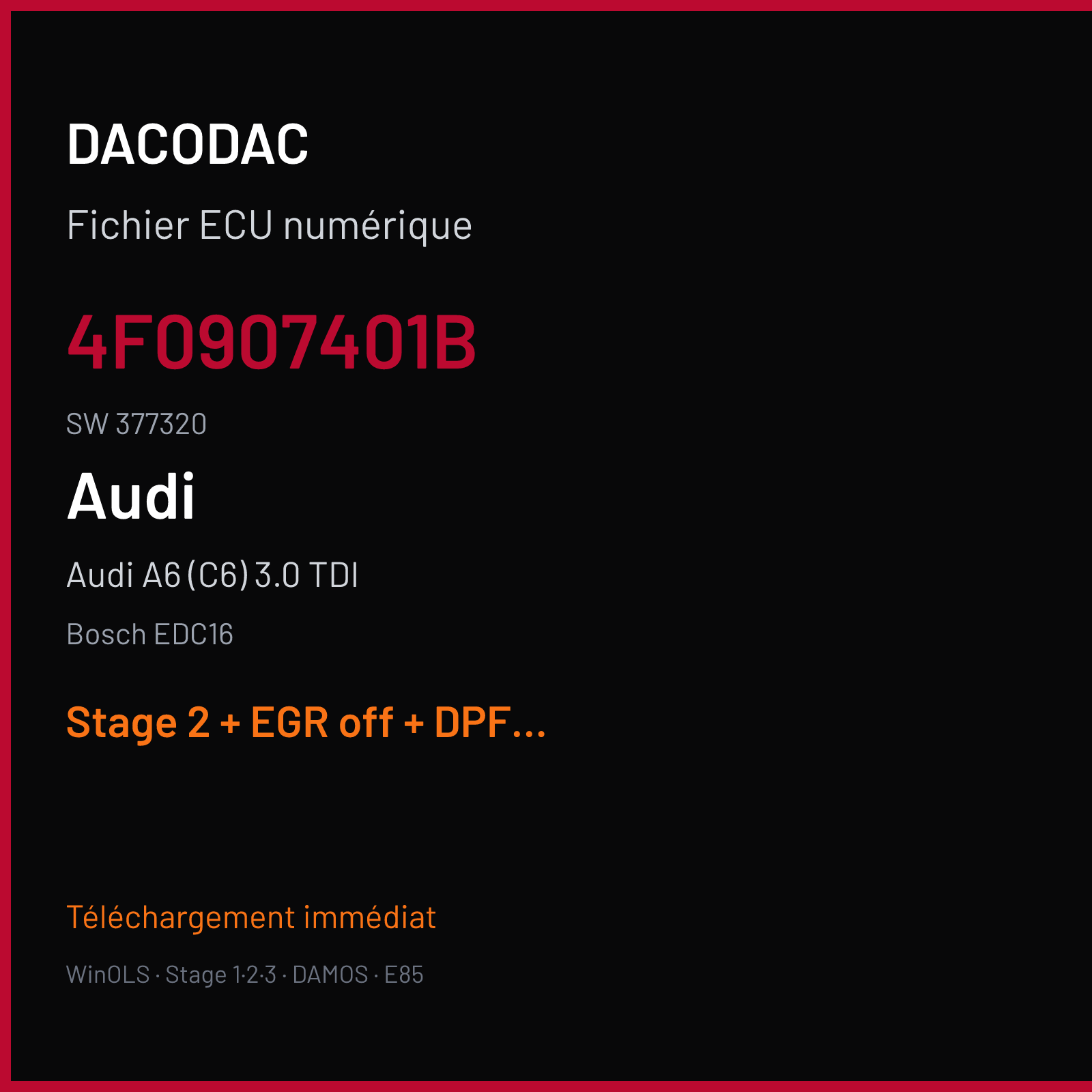 Audi A6 (C6) 3.0 TDI (2006) — Bosch EDC16 — 4F0907401B · 377320 — Stage 2 + EGR off + DPF off + VMAX off