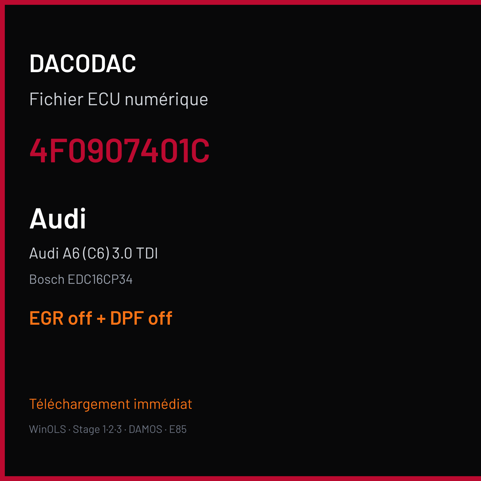 Audi A6 (C6) 3.0 TDI (2008) — Bosch EDC16CP34 — 4F0907401C — EGR off + DPF off