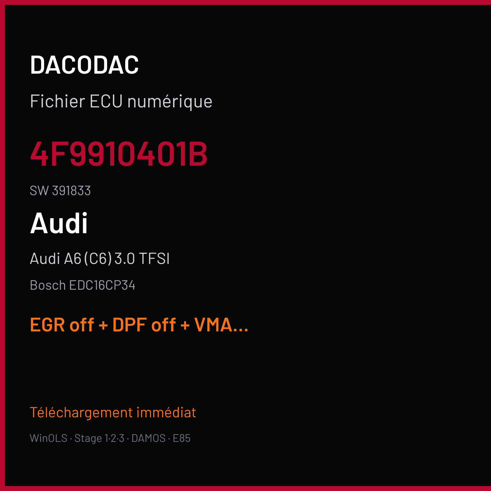 Audi A6 (C6) 3.0 TFSI (2007) — Bosch EDC16CP34 — 4F9910401B · 391833 — EGR off + DPF off + VMAX off