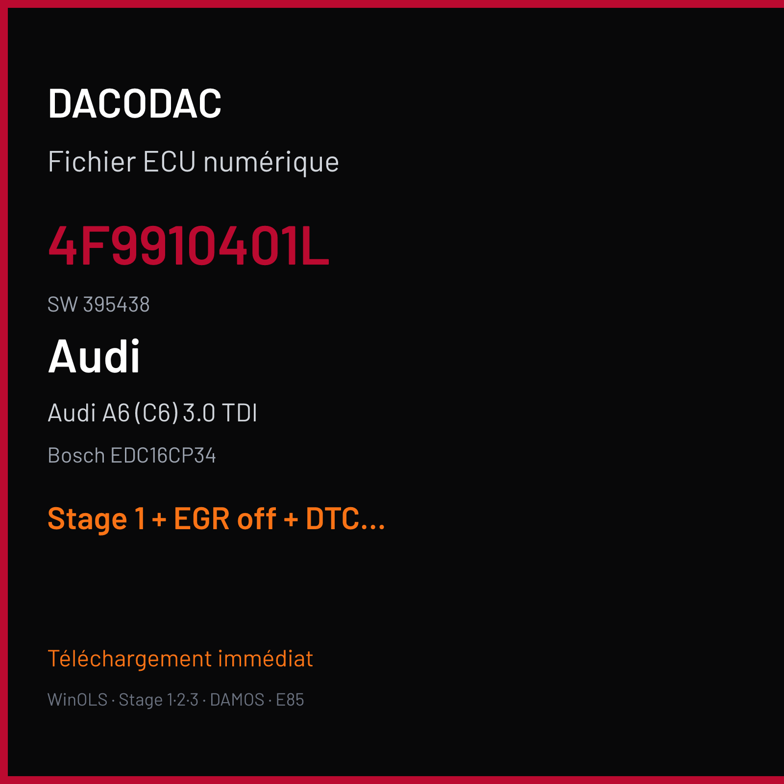Audi A6 (C6) 3.0 TDI (2006) — Bosch EDC16CP34 — 4F9910401L · 395438 — Stage 1 + EGR off + DTC off + VMAX off
