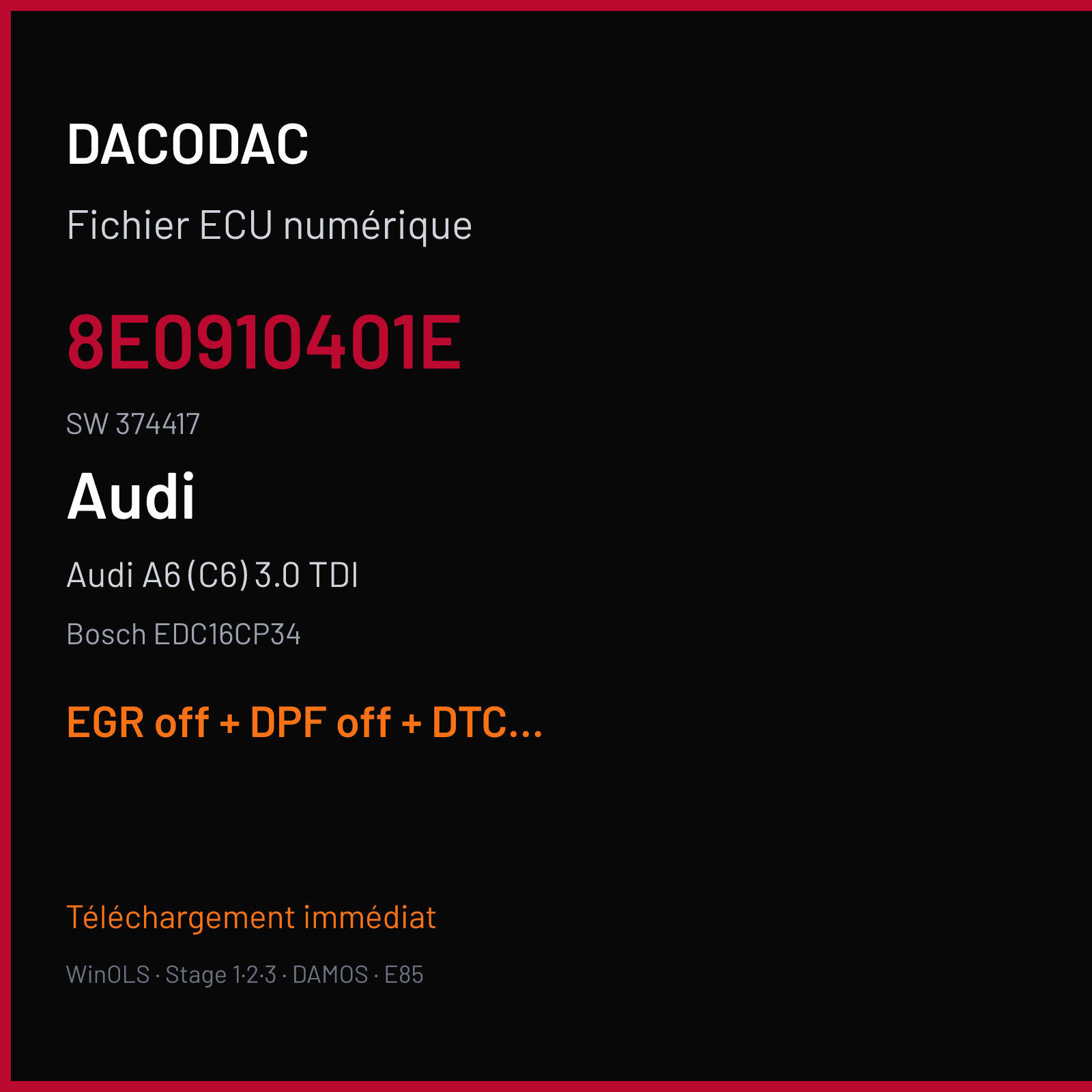 Audi A6 (C6) 3.0 TDI (2008) — Bosch EDC16CP34 — 8E0910401E · 374417 — EGR off + DPF off + DTC off