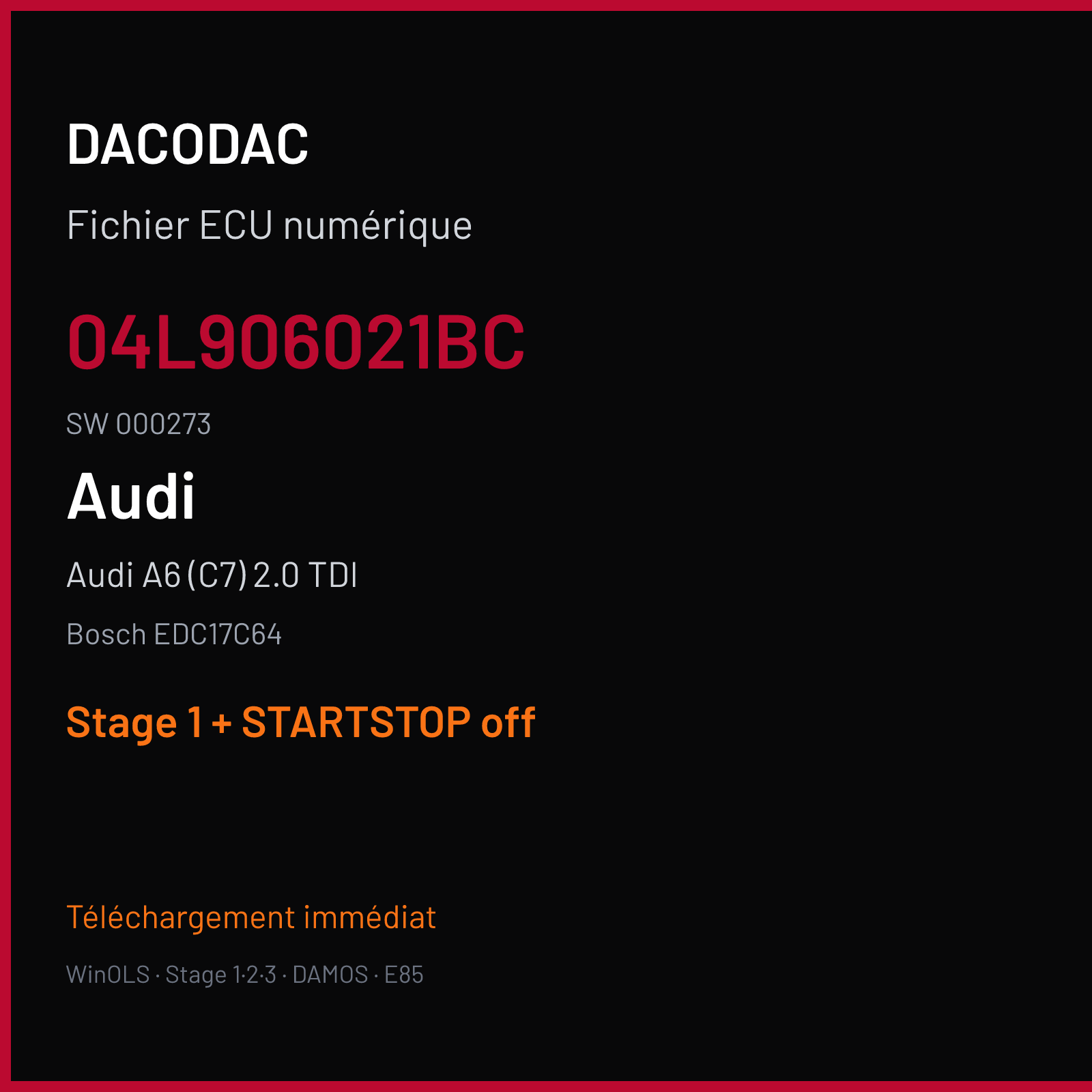 Audi A6 (C7) 2.0 TDI (2018) — Bosch EDC17C64 — 04L906021BC · 000273 — Stage 1 + STARTSTOP off