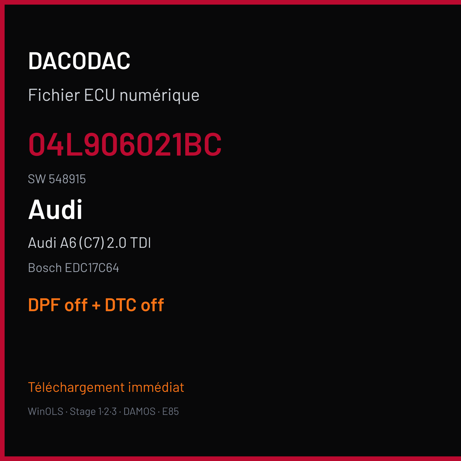 Audi A6 (C7) 2.0 TDI (2015) — Bosch EDC17C64 — 04L906021BC · 548915 — DPF off + DTC off