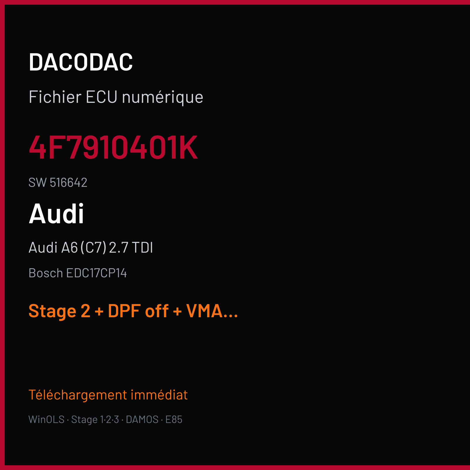 Audi A6 (C7) 2.7 TDI (2011) — Bosch EDC17CP14 — 4F7910401K · 516642 — Stage 2 + DPF off + VMAX off