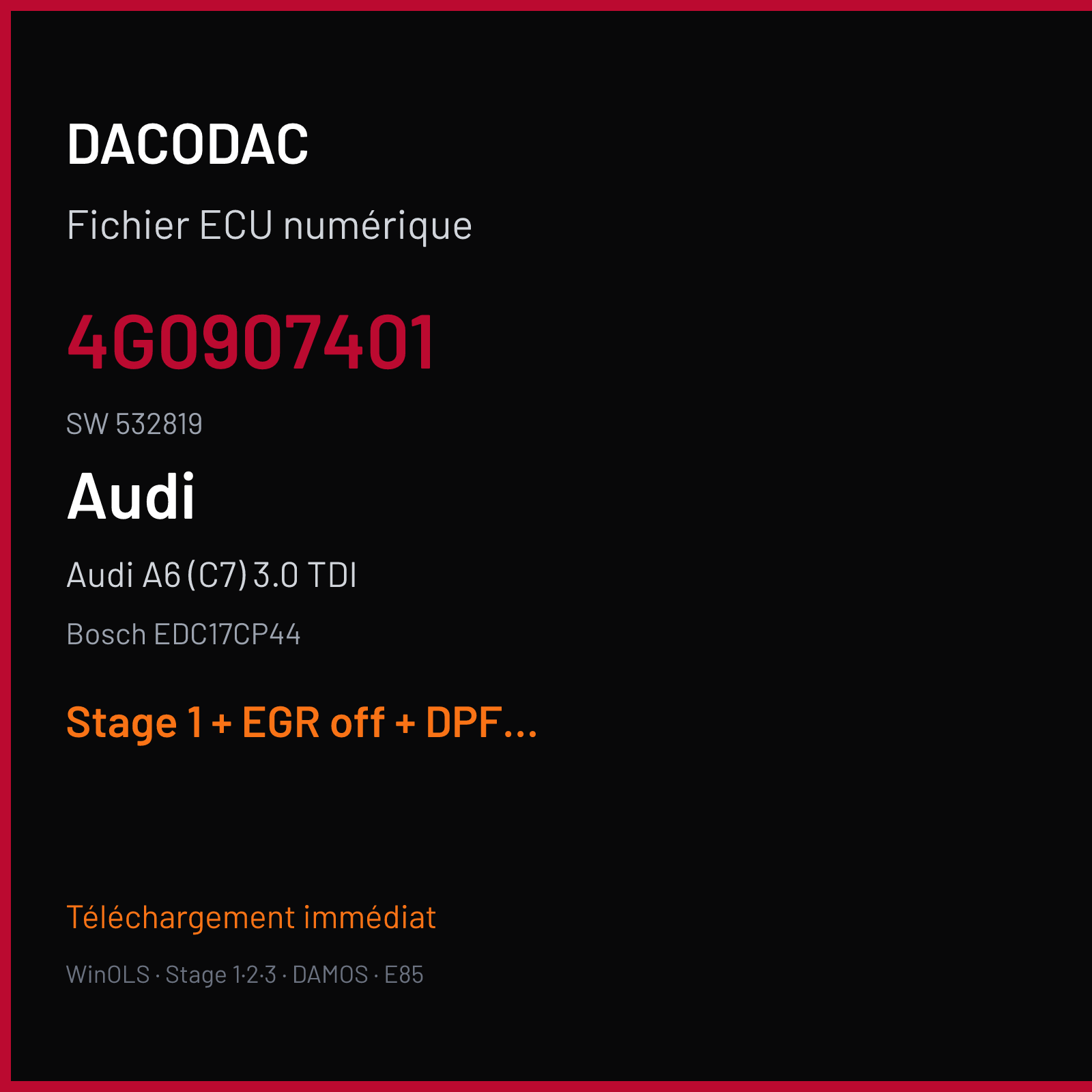 Audi A6 (C7) 3.0 TDI (2013) — Bosch EDC17CP44 — 4G0907401 · 532819 — Stage 1 + EGR off + DPF off