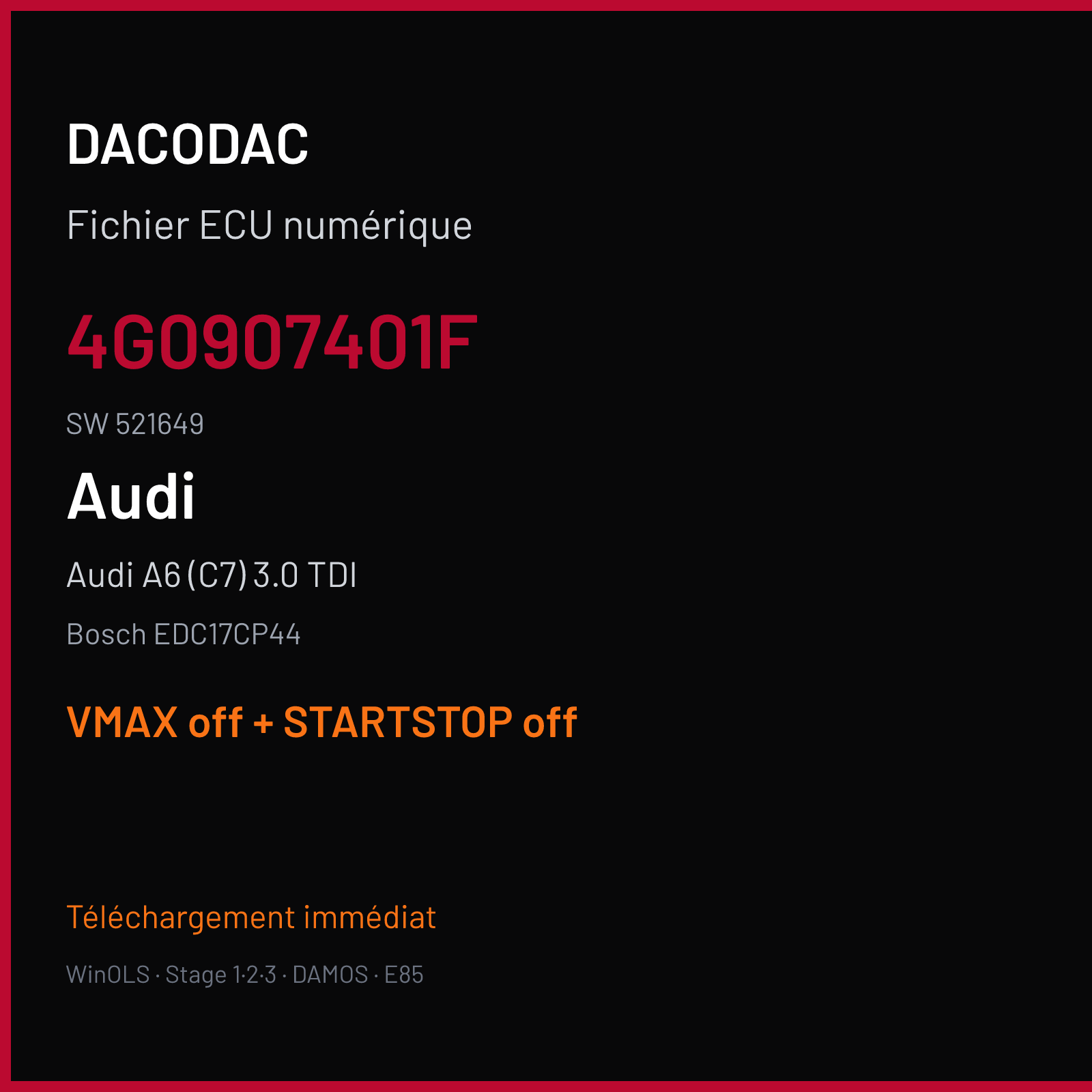 Audi A6 (C7) 3.0 TDI (2011) — Bosch EDC17CP44 — 4G0907401F · 521649 — VMAX off + STARTSTOP off