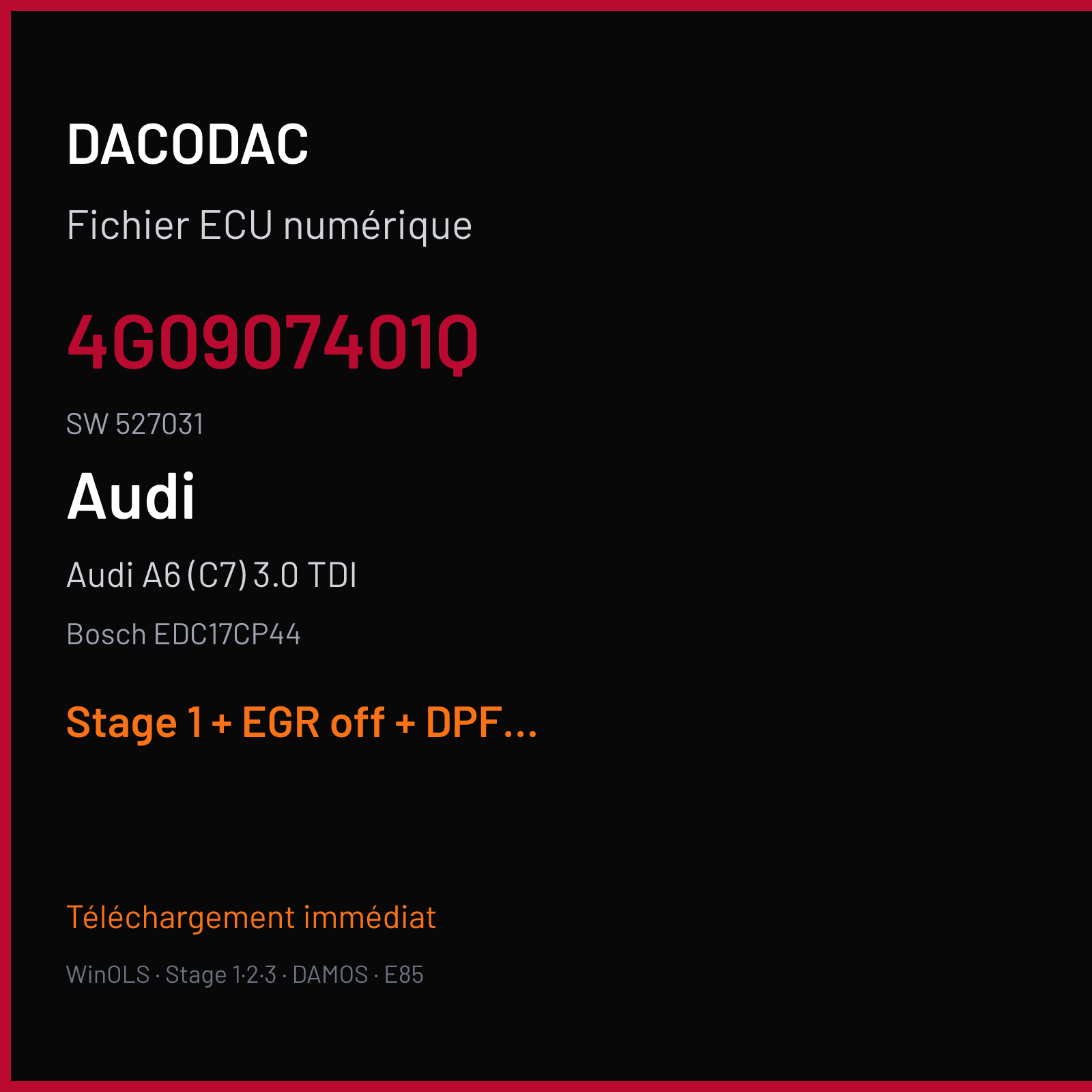 Audi A6 (C7) 3.0 TDI (2012) — Bosch EDC17CP44 — 4G0907401Q · 527031 — Stage 1 + EGR off + DPF off