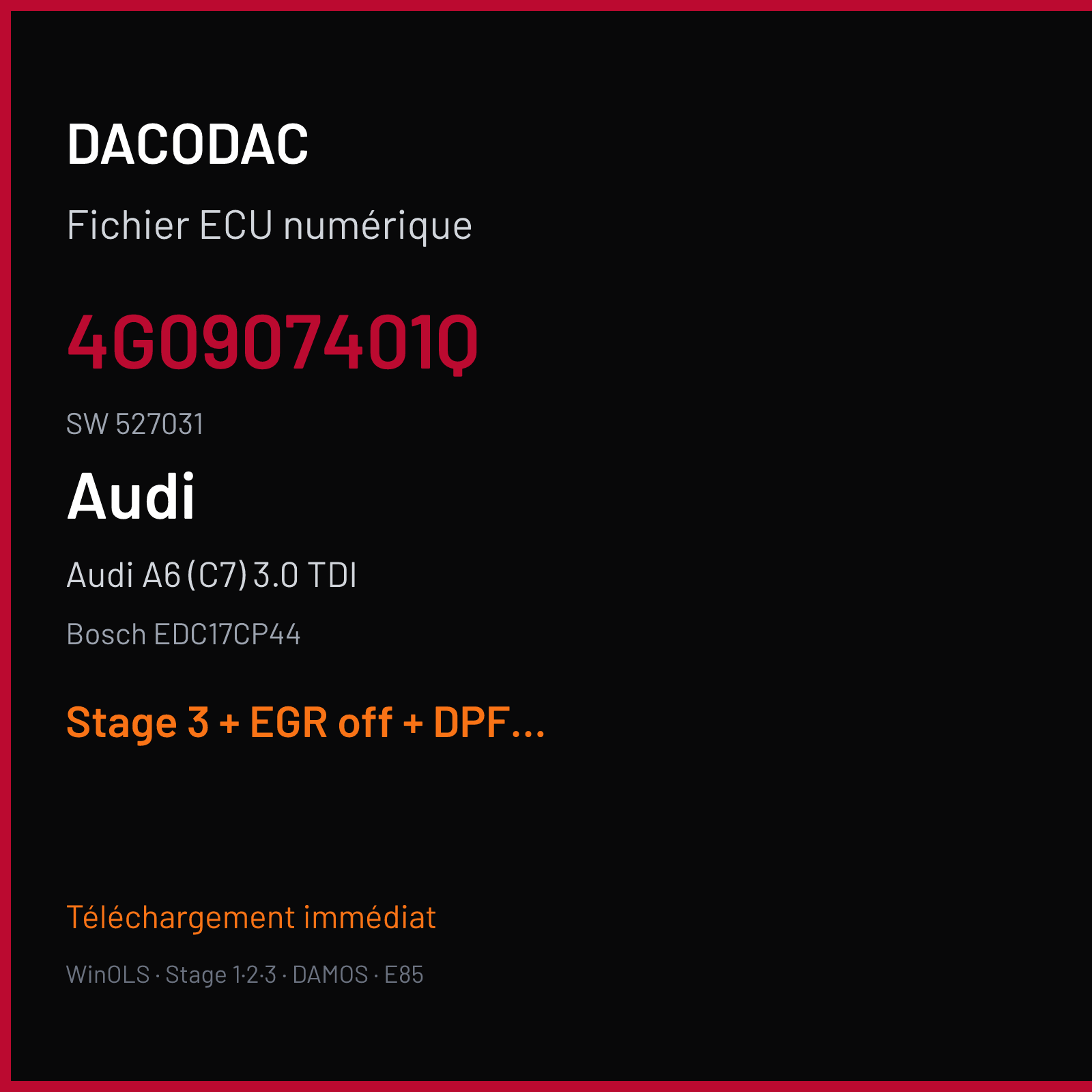 Audi A6 (C7) 3.0 TDI (2012) — Bosch EDC17CP44 — 4G0907401Q · 527031 — Stage 3 + EGR off + DPF off