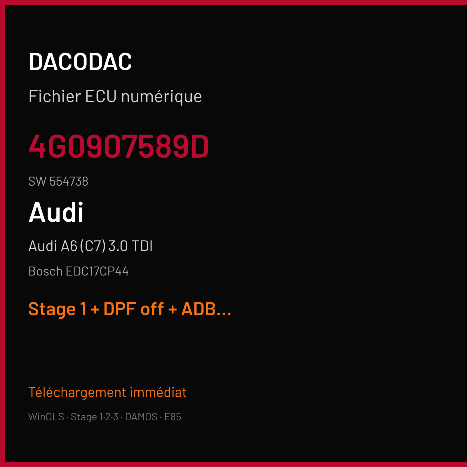 Audi A6 (C7) 3.0 TDI (2016) — Bosch EDC17CP44 — 4G0907589D · 554738 — Stage 1 + DPF off + ADBLUE off + DTC off