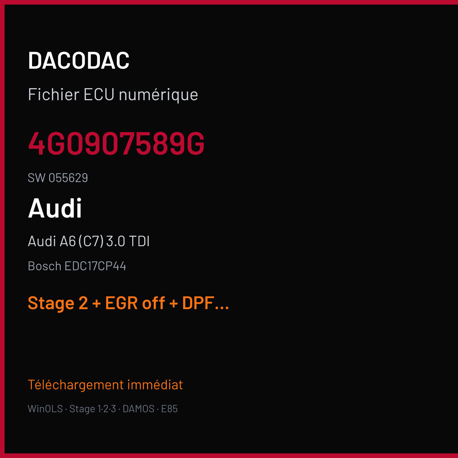 Audi A6 (C7) 3.0 TDI (2014) — Bosch EDC17CP44 — 4G0907589G · 055629 — Stage 2 + EGR off + DPF off + LAMBDA off + STARTSTOP off