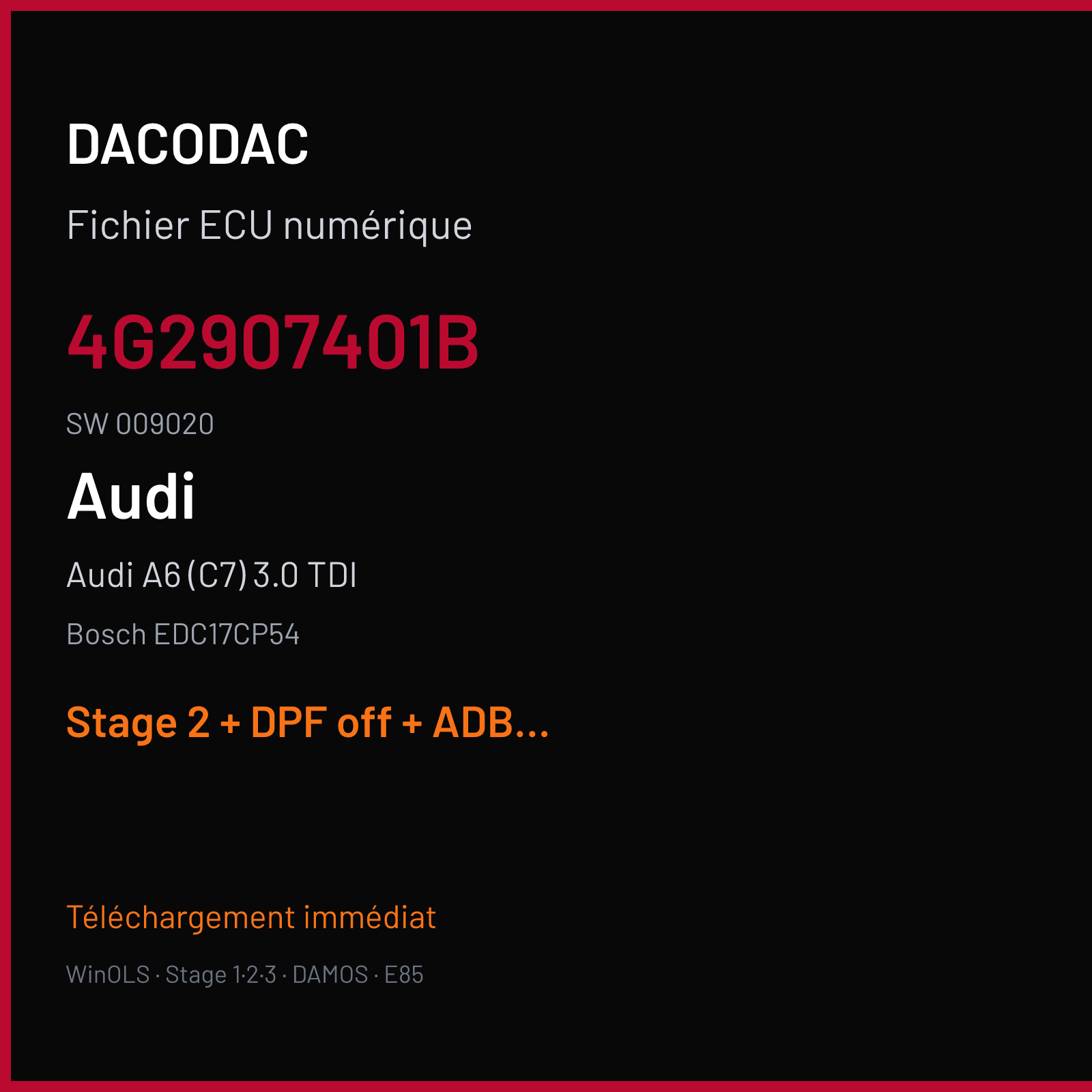 Audi A6 (C7) 3.0 TDI (2015) — Bosch EDC17CP54 — 4G2907401B · 009020 — Stage 2 + DPF off + ADBLUE off