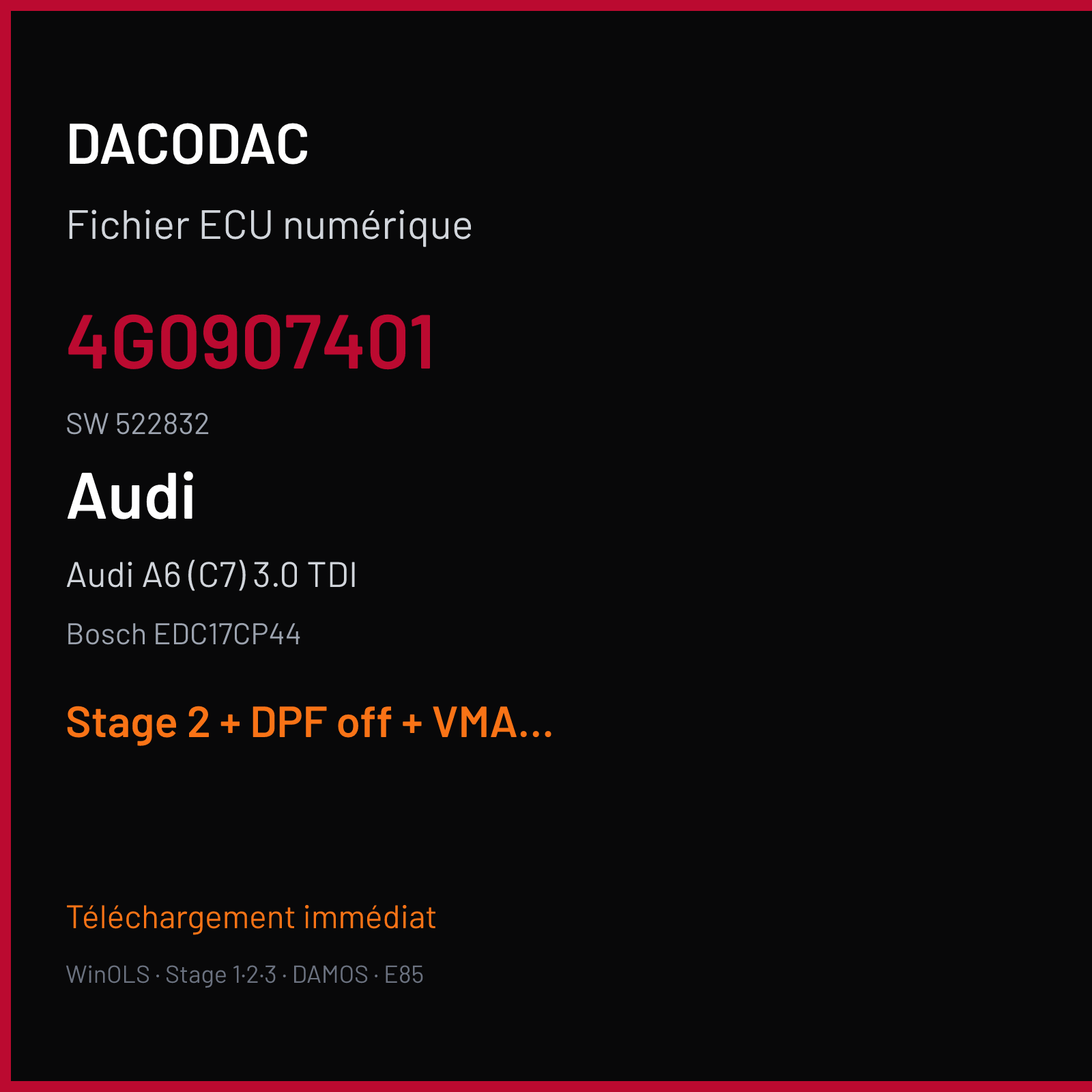 Audi A6 (C7) 3.0 TDI (2014) — Bosch EDC17CP44 — 4G0907401 · 522832 — Stage 2 + DPF off + VMAX off