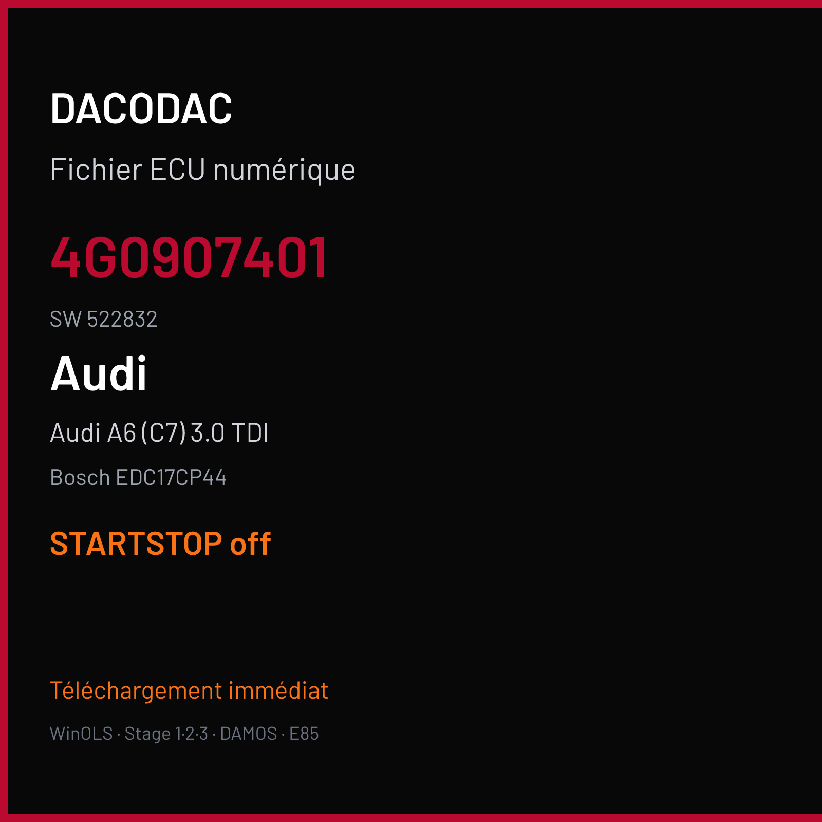 Audi A6 (C7) 3.0 TDI (2014) — Bosch EDC17CP44 — 4G0907401 · 522832 — STARTSTOP off