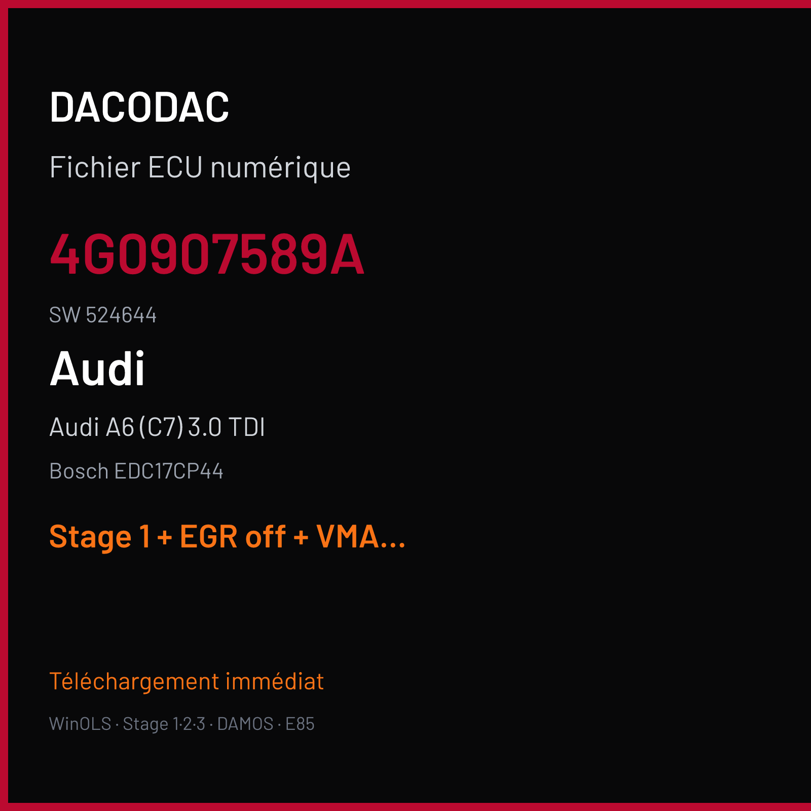 Audi A6 (C7) 3.0 TDI (2011) — Bosch EDC17CP44 — 4G0907589A · 524644 — Stage 1 + EGR off + VMAX off