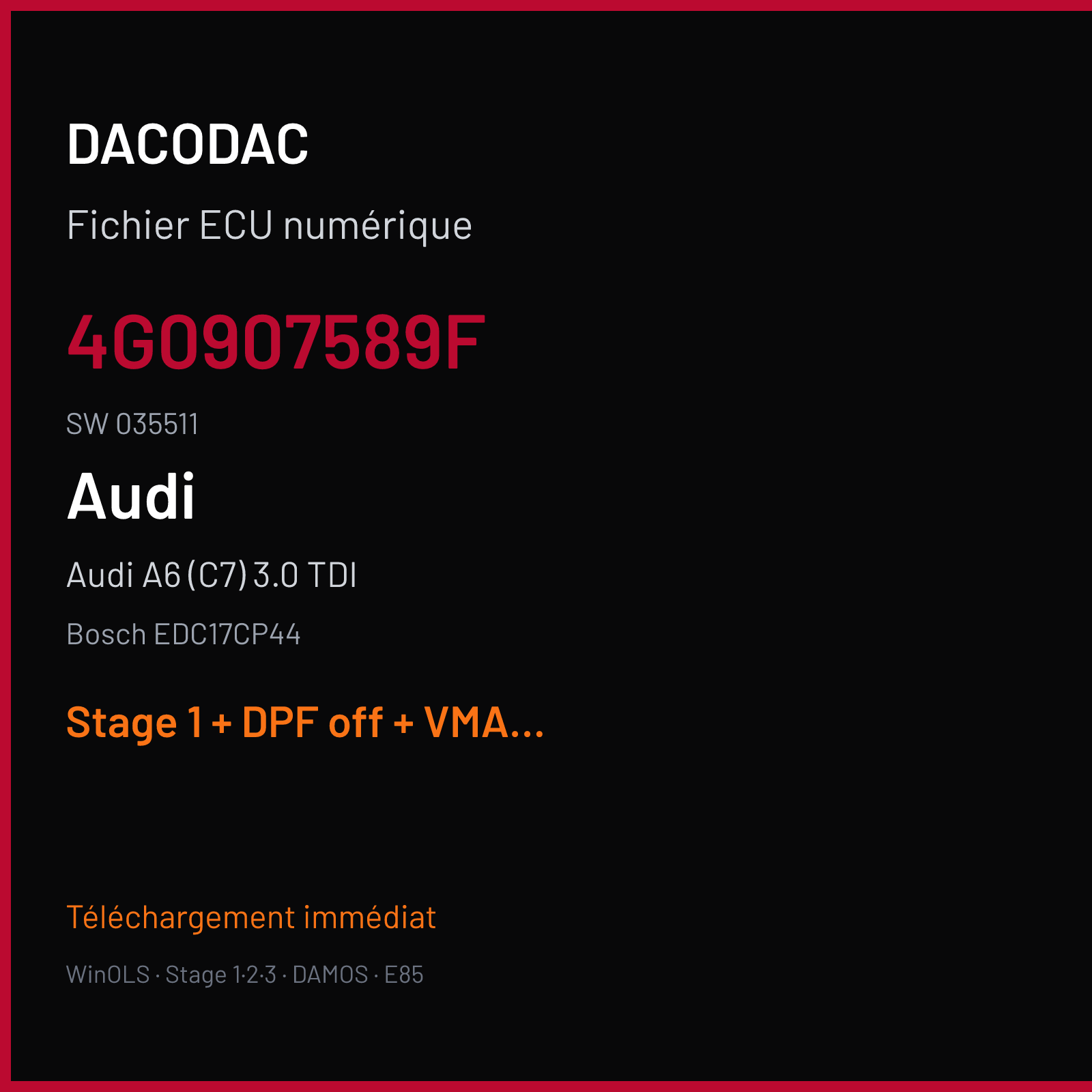 Audi A6 (C7) 3.0 TDI (2016) — Bosch EDC17CP44 — 4G0907589F · 035511 — Stage 1 + DPF off + VMAX off