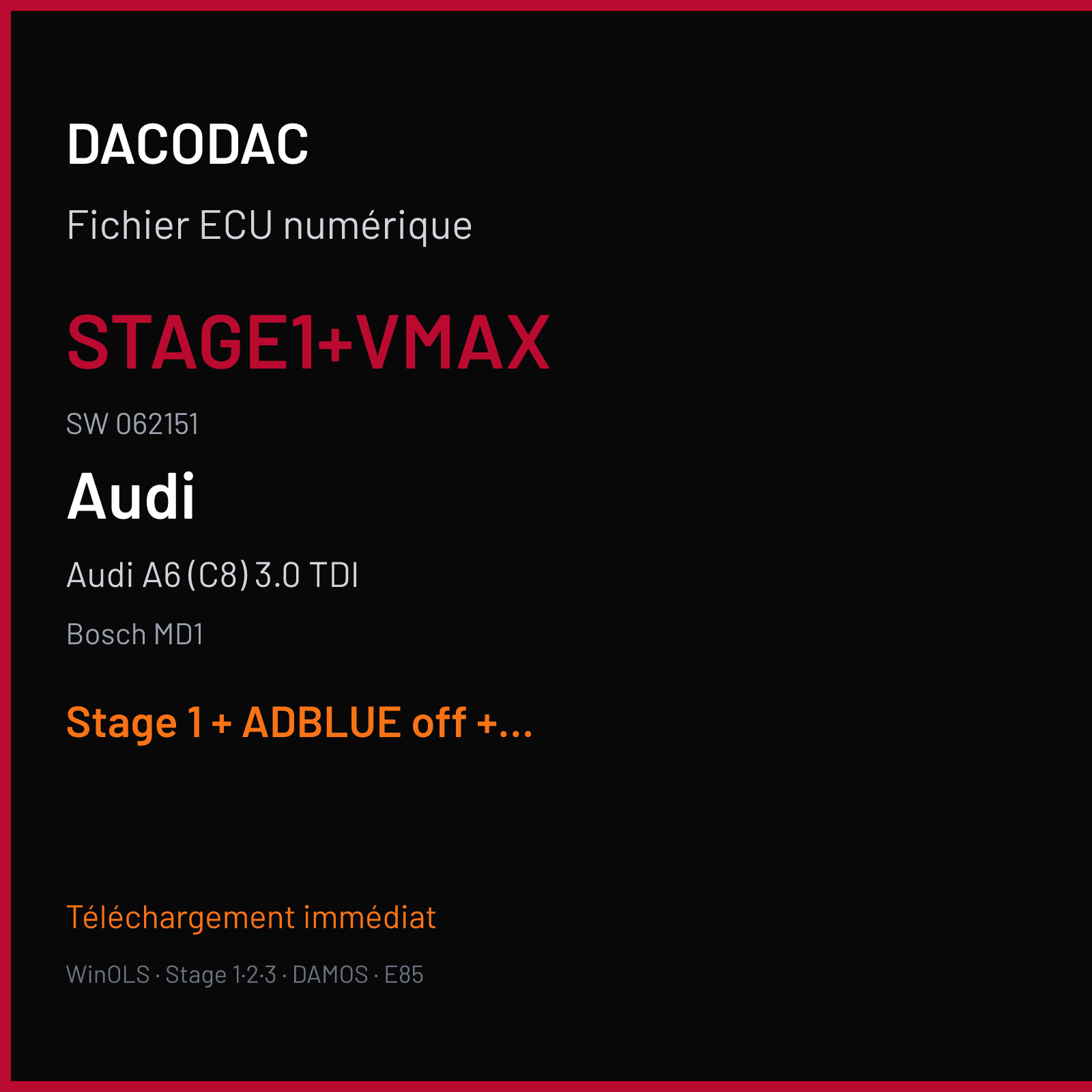 Audi A6 (C8) 3.0 TDI (2018) — Bosch MD1 — STAGE1+VMAX · 062151 — Stage 1 + ADBLUE off + VMAX off
