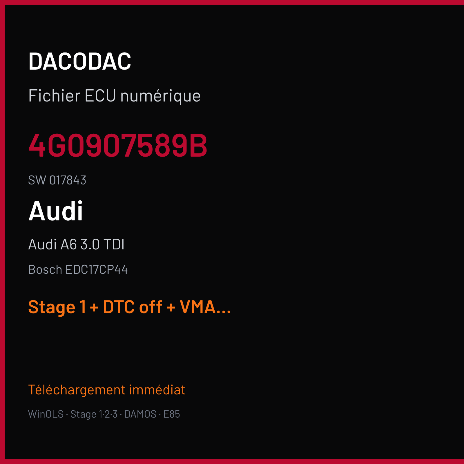 Audi A6 3.0 TDI — Bosch EDC17CP44 — 4G0907589B · 017843 — Stage 1 + DTC off + VMAX off