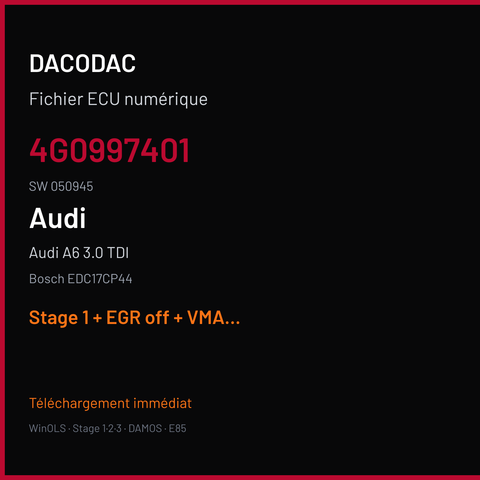 Audi A6 3.0 TDI — Bosch EDC17CP44 — 4G0997401 · 050945 — Stage 1 + EGR off + VMAX off