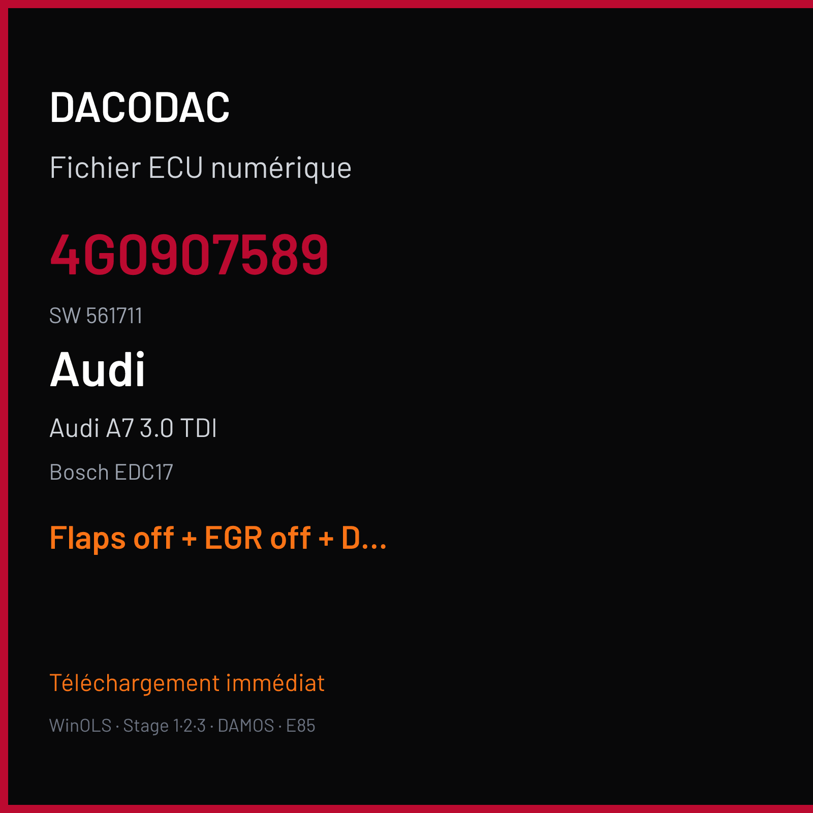 Audi A7 3.0 TDI (2013) — Bosch EDC17 — 4G0907589 · 561711 — Flaps off + EGR off + DPF off + SWIRL off