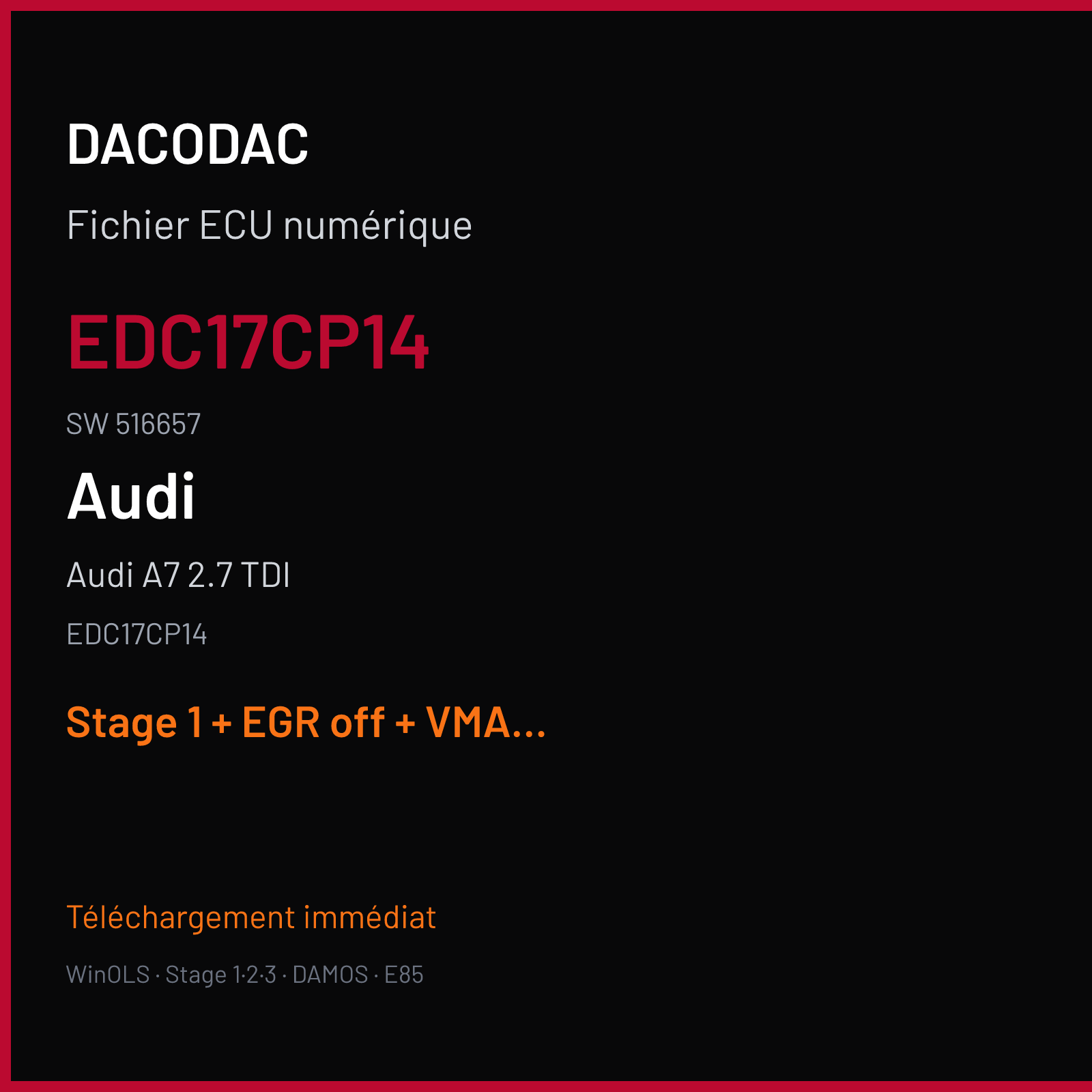 Audi A7 2.7 TDI (2011) — EDC17CP14 — EDC17CP14 · 516657 — Stage 1 + EGR off + VMAX off