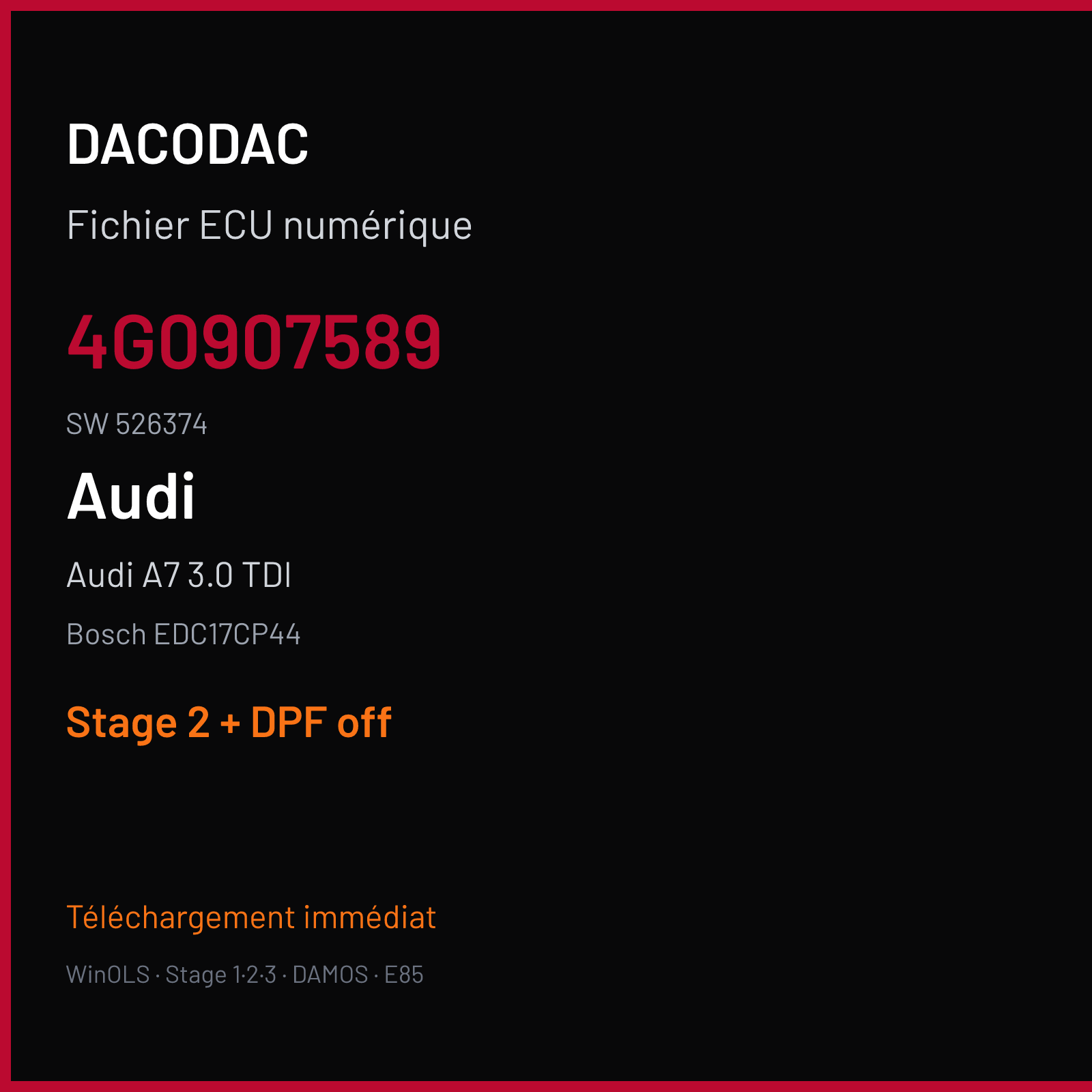 Audi A7 3.0 TDI (2014) — Bosch EDC17CP44 — 4G0907589 · 526374 — Stage 2 + DPF off