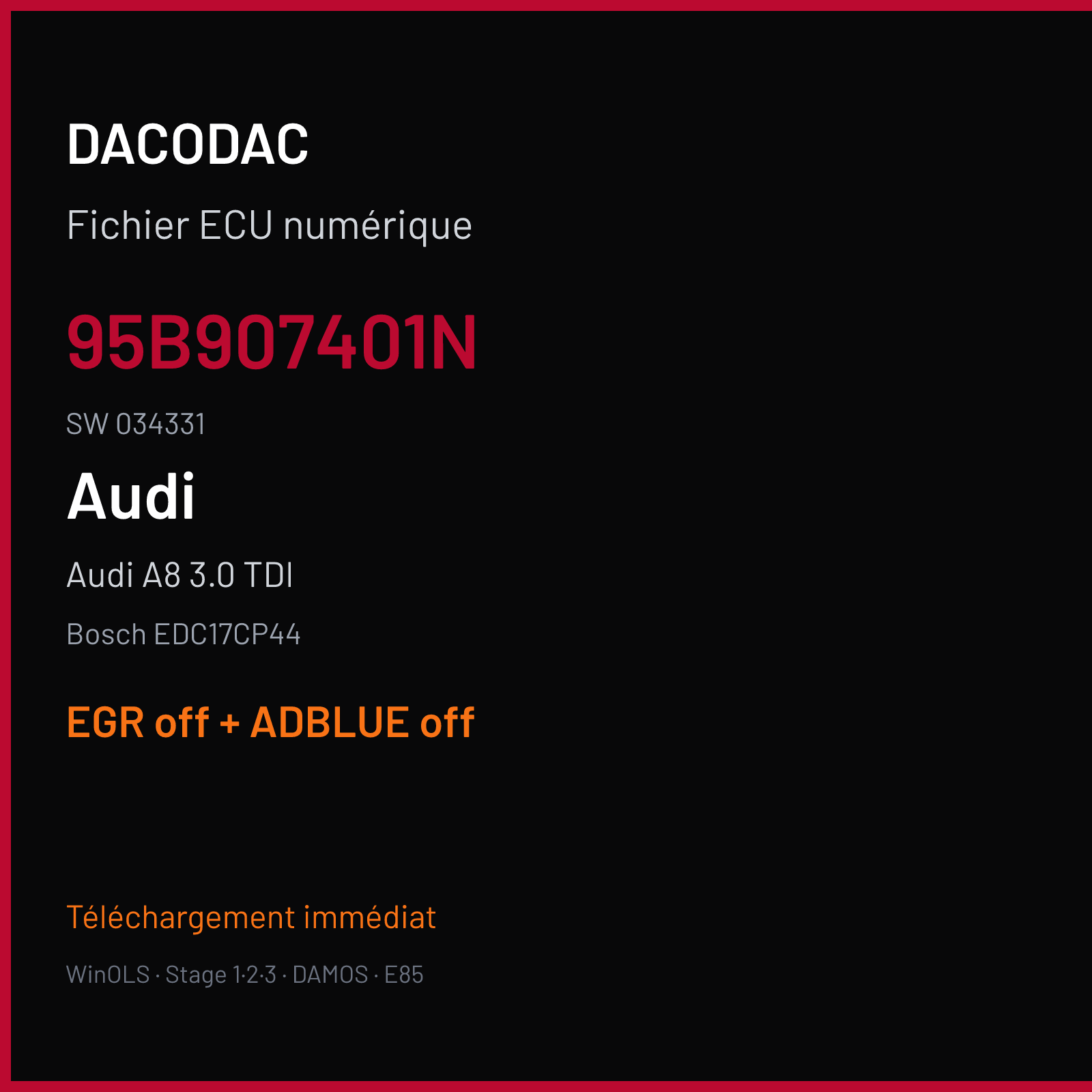 Audi A8 3.0 TDI — Bosch EDC17CP44 — 95B907401N · 034331 — EGR off + ADBLUE off