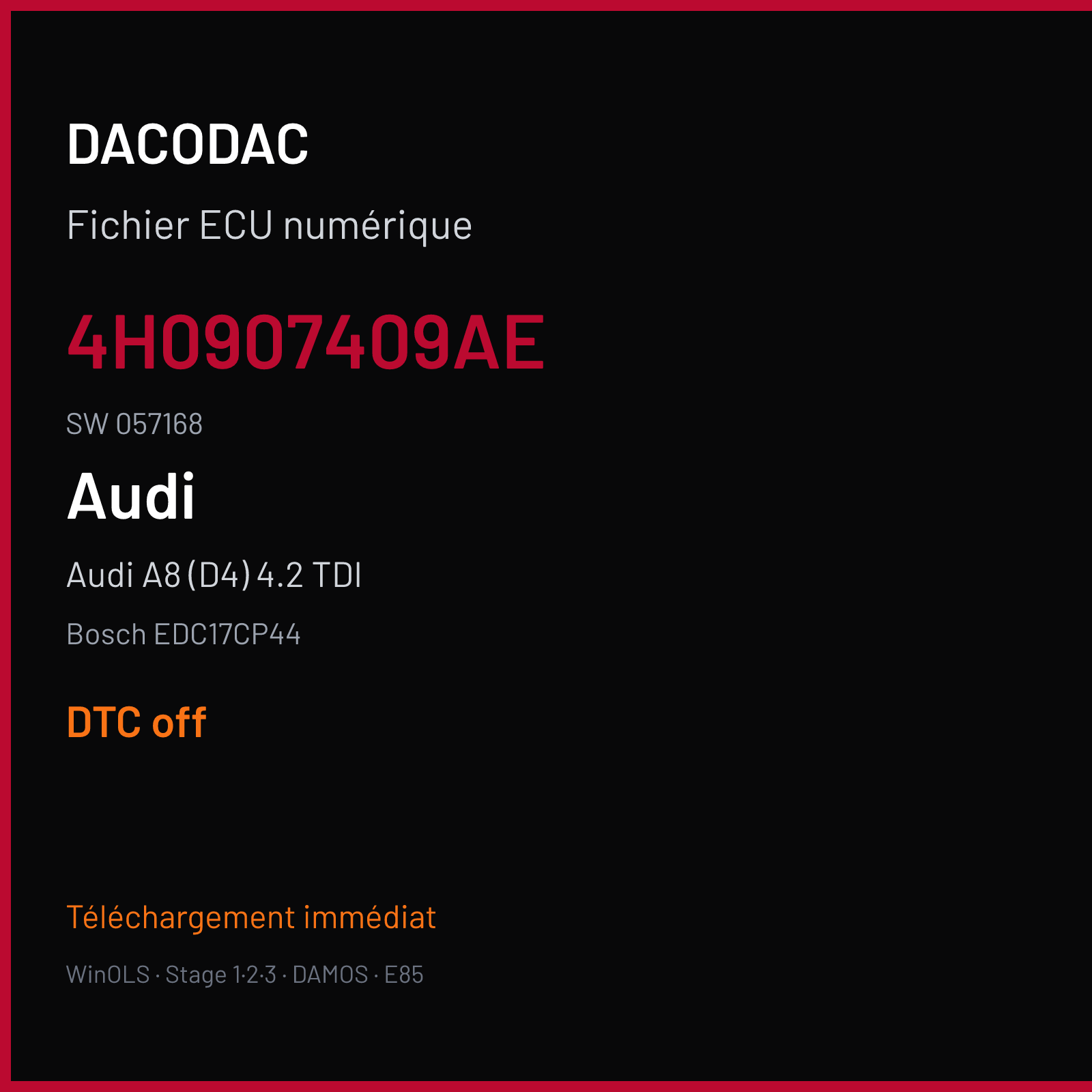 Audi A8 (D4) 4.2 TDI (2017) — Bosch EDC17CP44 — 4H0907409AE · 057168 — DTC off