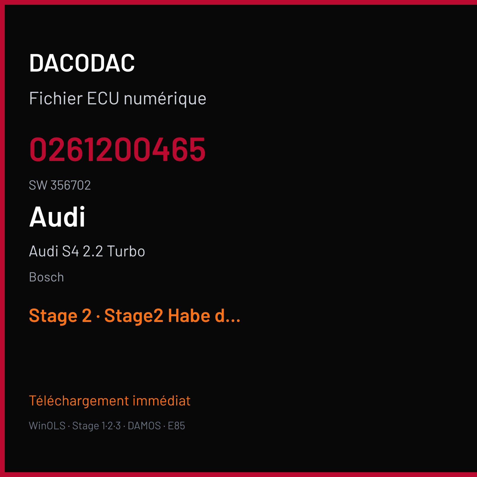 Audi S4 2.2 Turbo 230 ch (1991) — Bosch — 0261200465 · 356702 — Stage 2