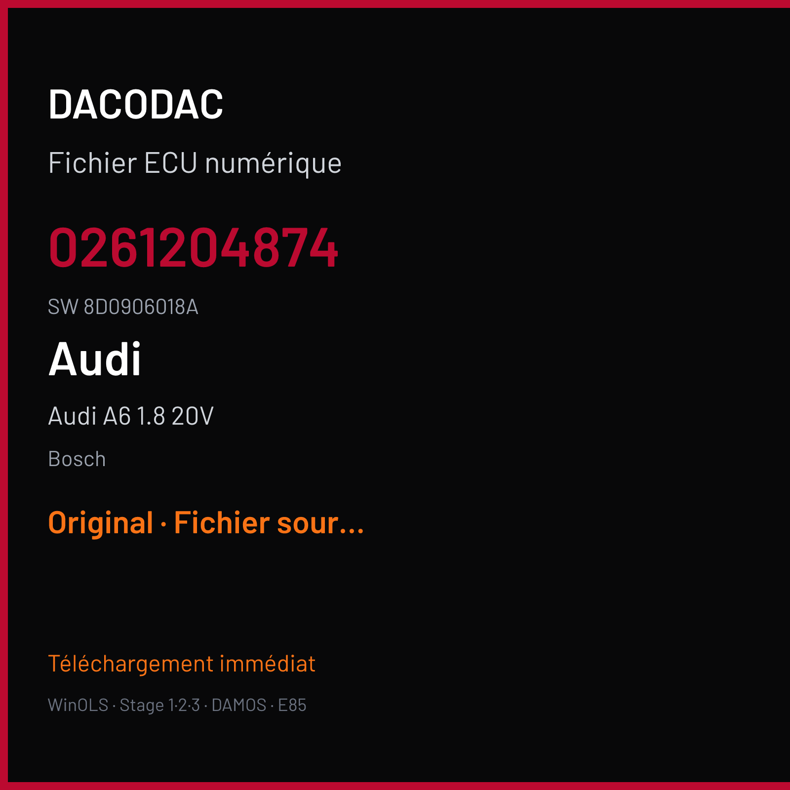 Audi A6 1.8 20V 125 ch (2000) — Bosch — 0261204874 · 8D0906018A · 350257 — Original