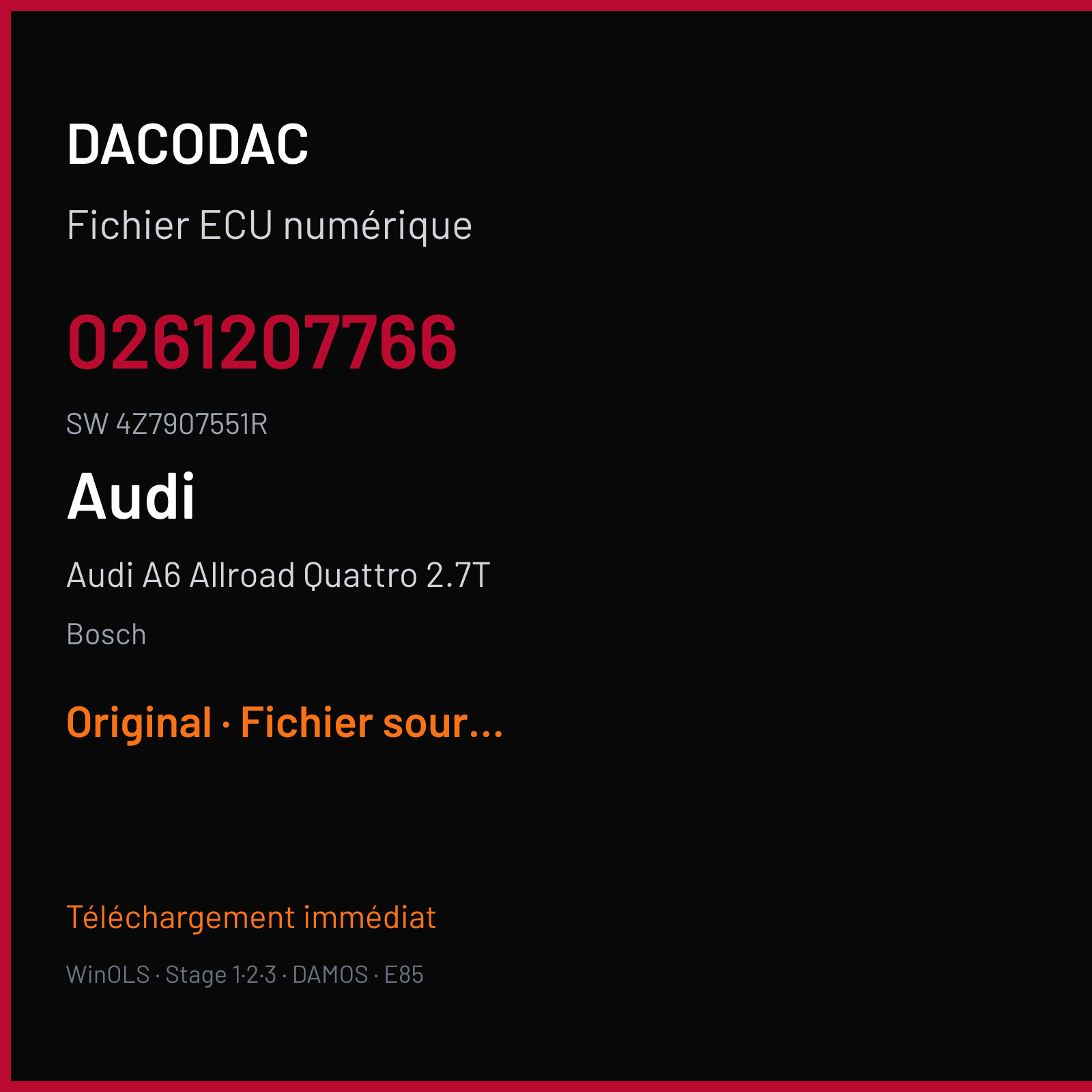 Audi A6 Allroad Quattro 2.7T 250 ch (2002) — Bosch — 0261207766 · 4Z7907551R · 366367 — Original