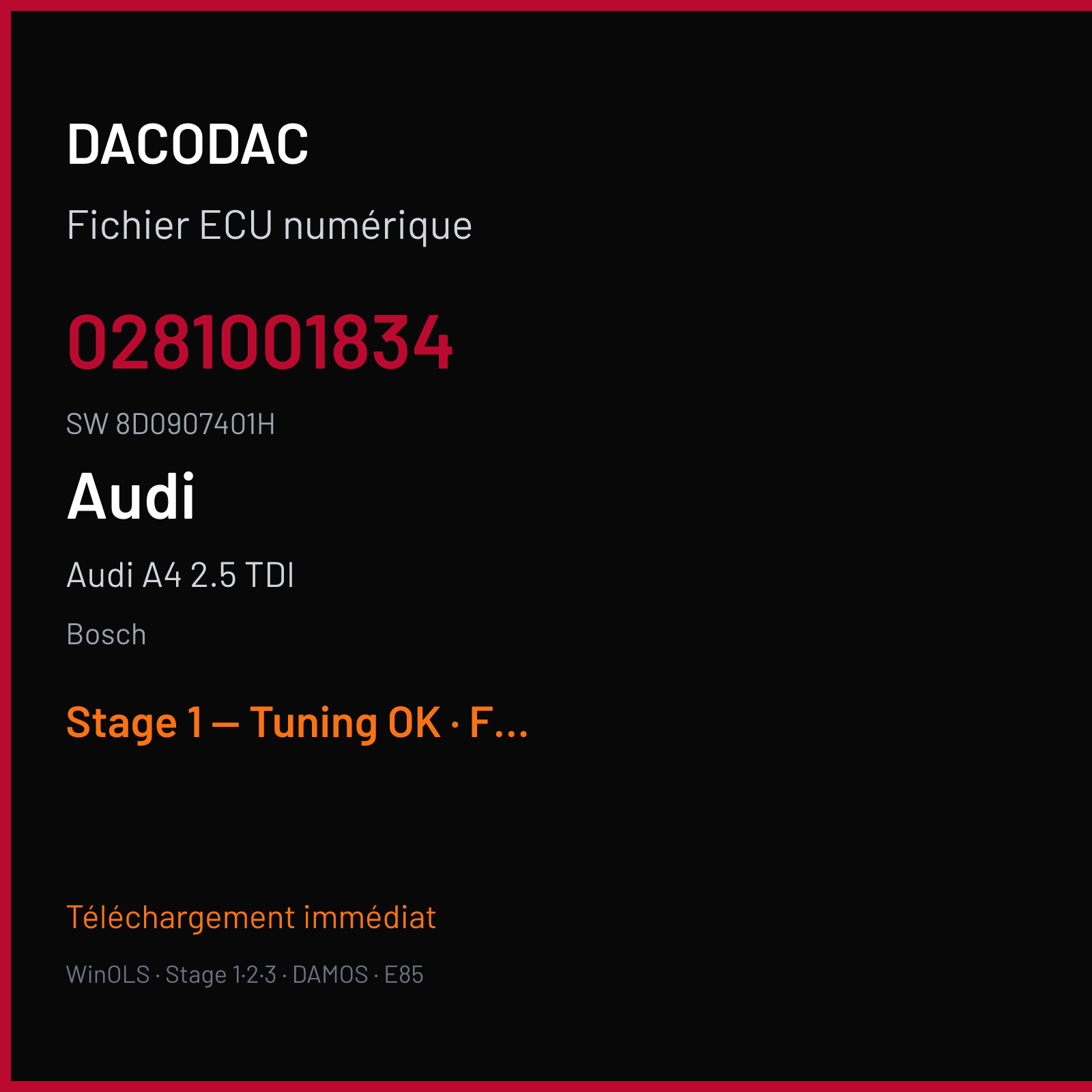 Audi A4 2.5 TDI — Bosch — 0281001834 · 8D0907401H — Stage 1 — Tuning OK