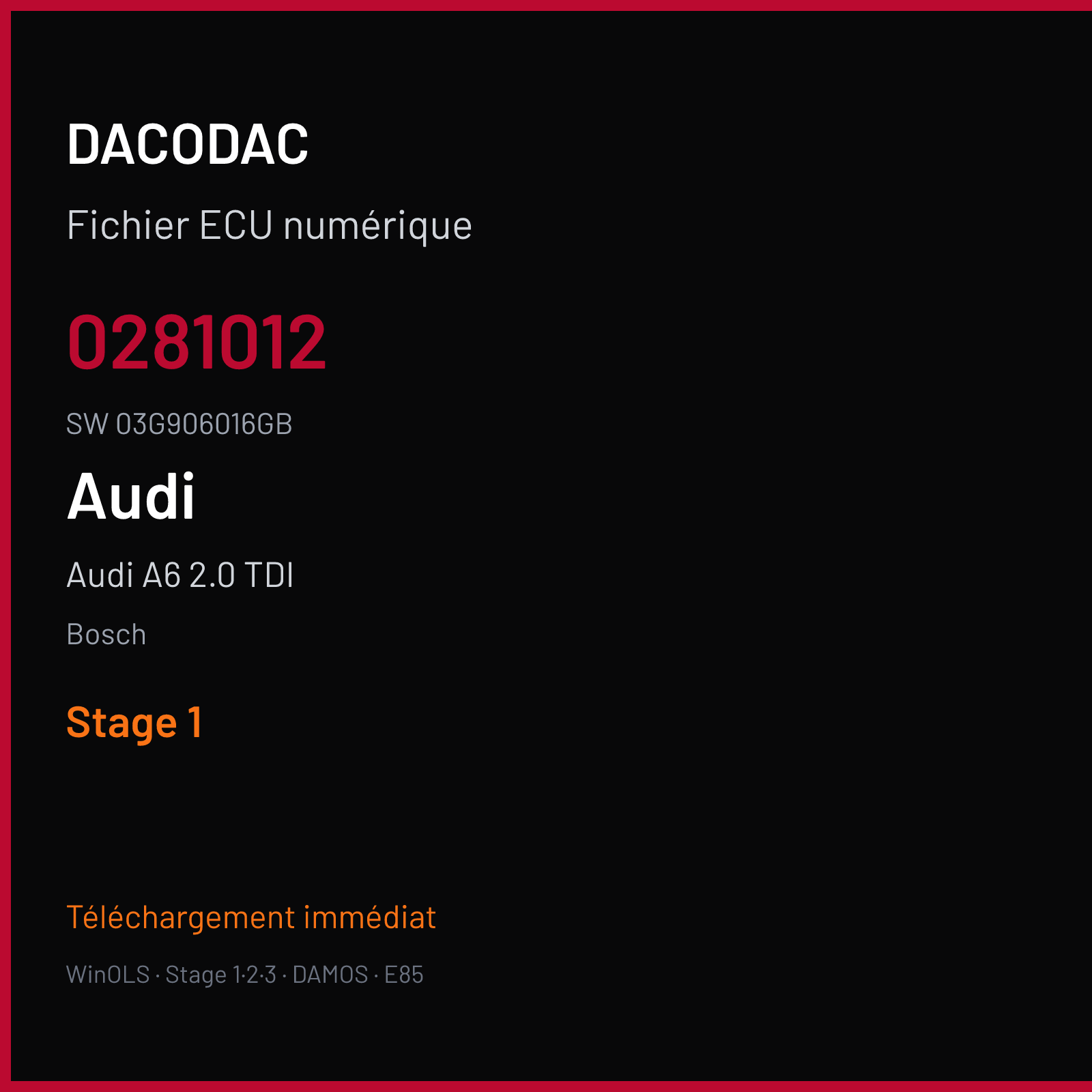 Audi A6 2.0 TDI 140 ch (2006) — Bosch — 0281012 · 03G906016GB · 391835 — Stage 1