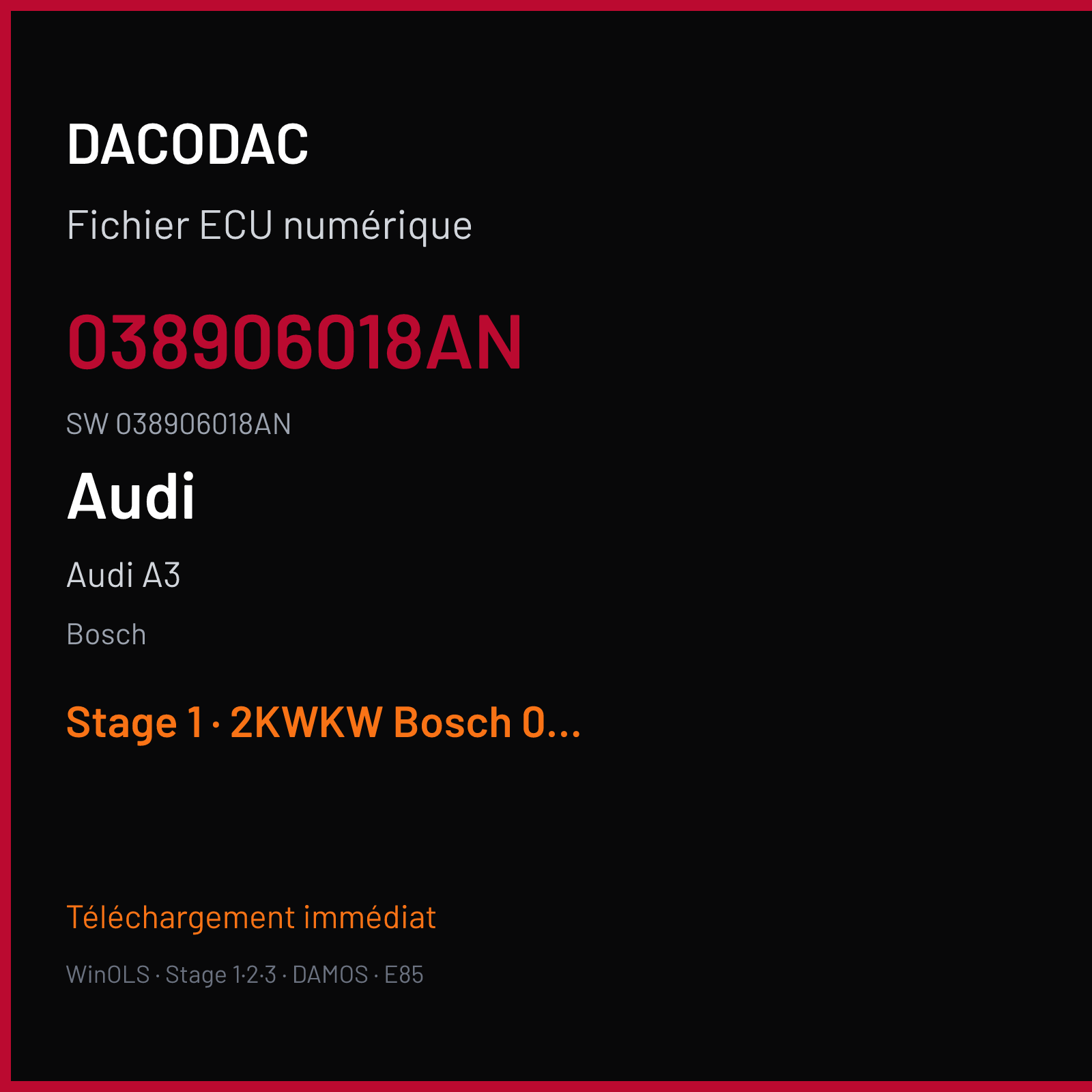 Audi A3 90 ch — Bosch — 038906018AN · 038906018AN · .Audi A3 1.9 TDI 1997 Turbo-Diesel 66 — Stage 1