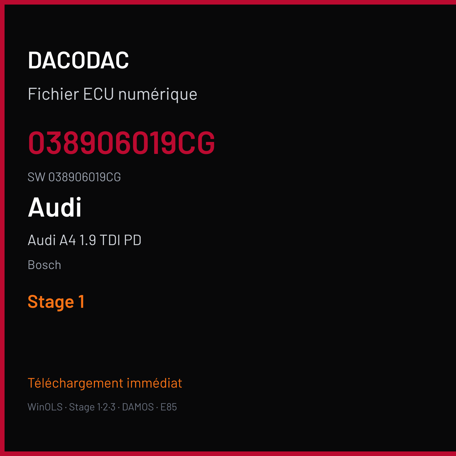 Audi A4 1.9 TDI PD 130 ch (2005) — Bosch — 038906019CG · 038906019CG · 362036 — Stage 1