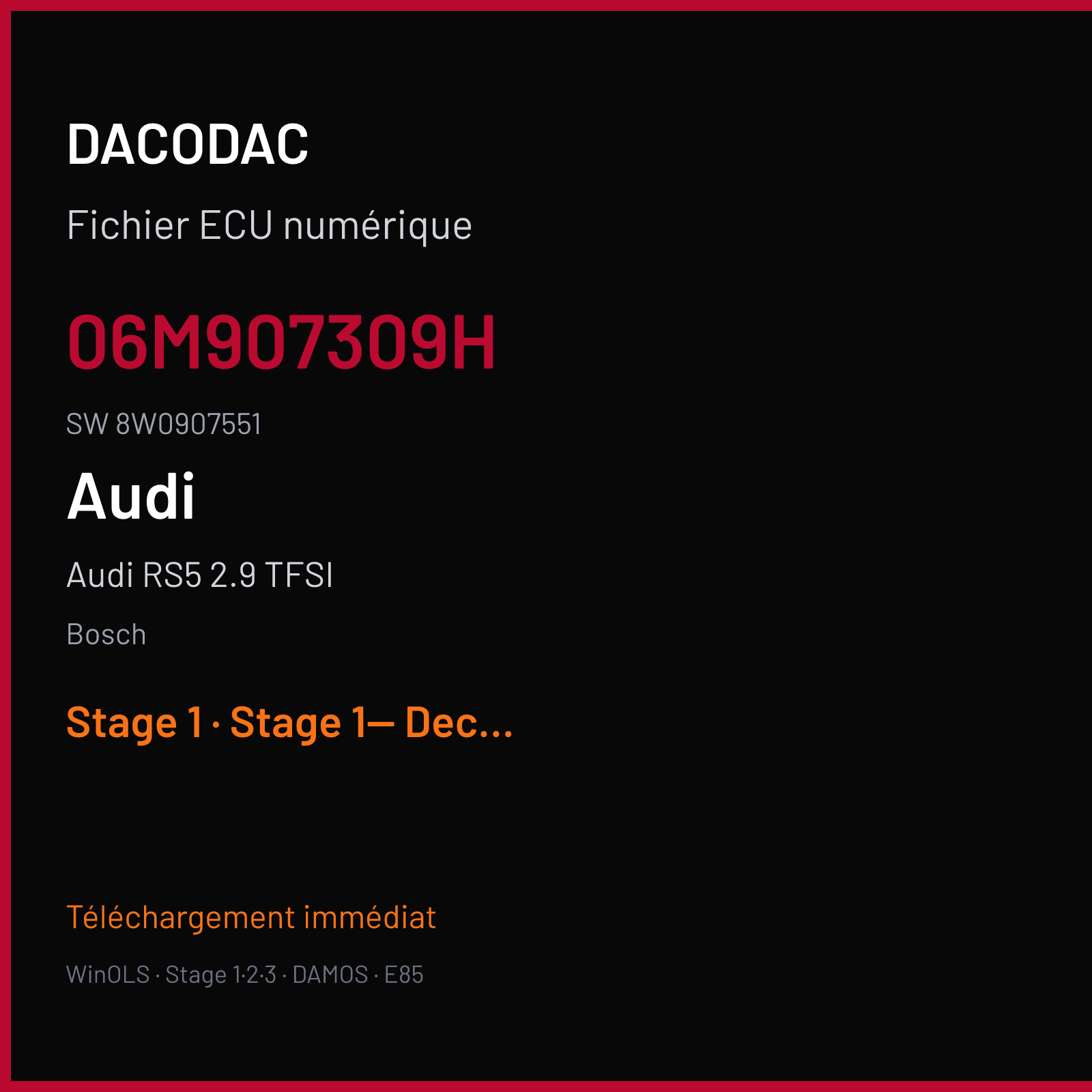 Audi RS5 2.9 TFSI 450 ch (2018) — Bosch — 06M907309H · 8W0907551 · 019899 — Stage 1