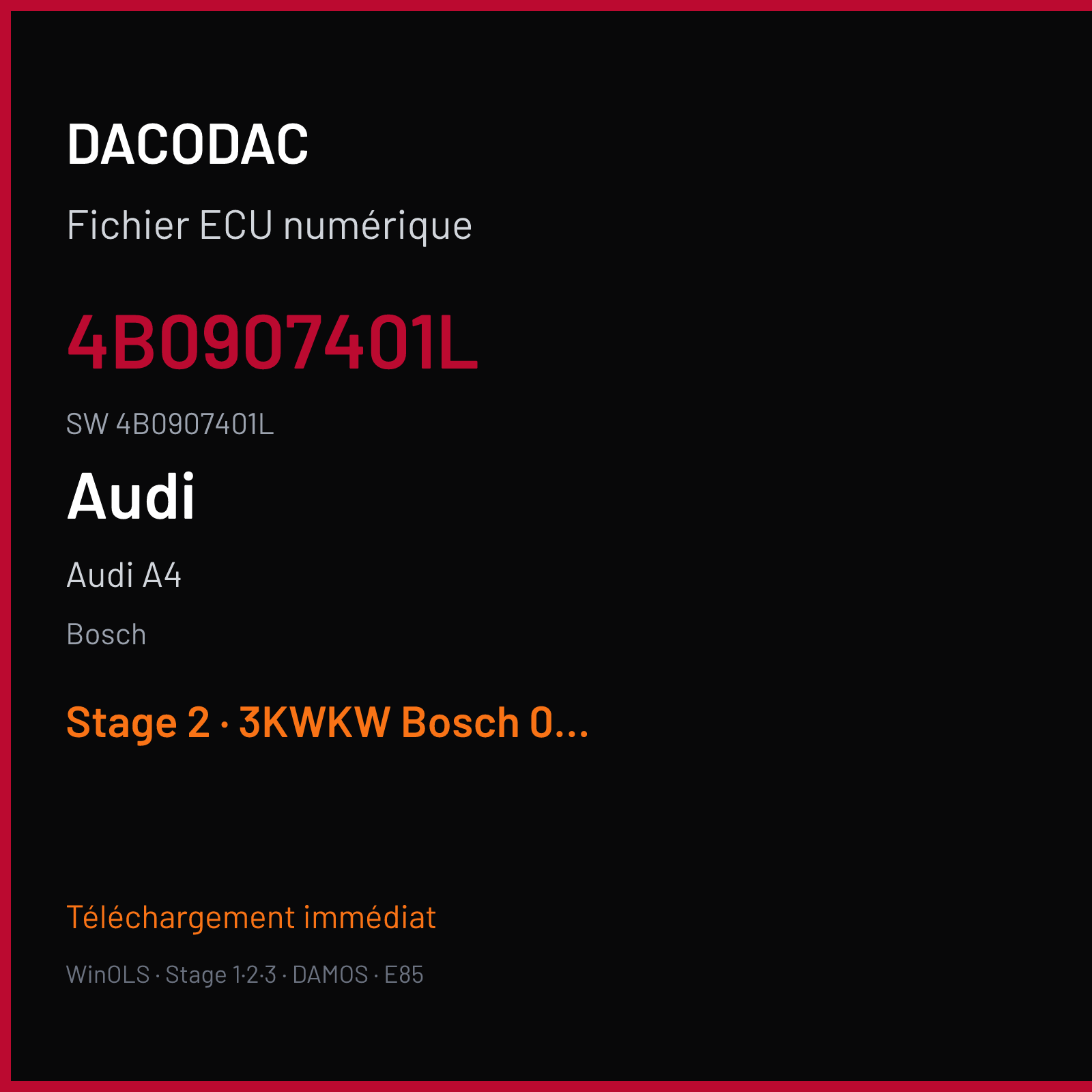 Audi A4 150 ch — Bosch — 4B0907401L · 4B0907401L · .Audi A4 2.5 TDI 1998 Turbo-Diesel 110 — Stage 2