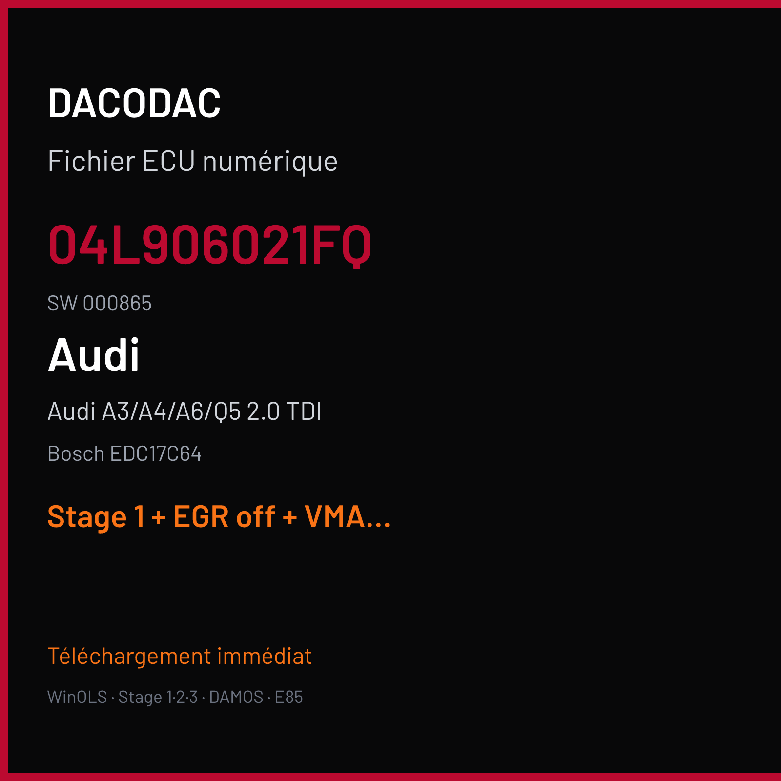 Audi A3/A4/A6/Q5 2.0 TDI (2016) — Bosch EDC17C64 — 04L906021FQ · 000865 — Stage 1 + EGR off + VMAX off