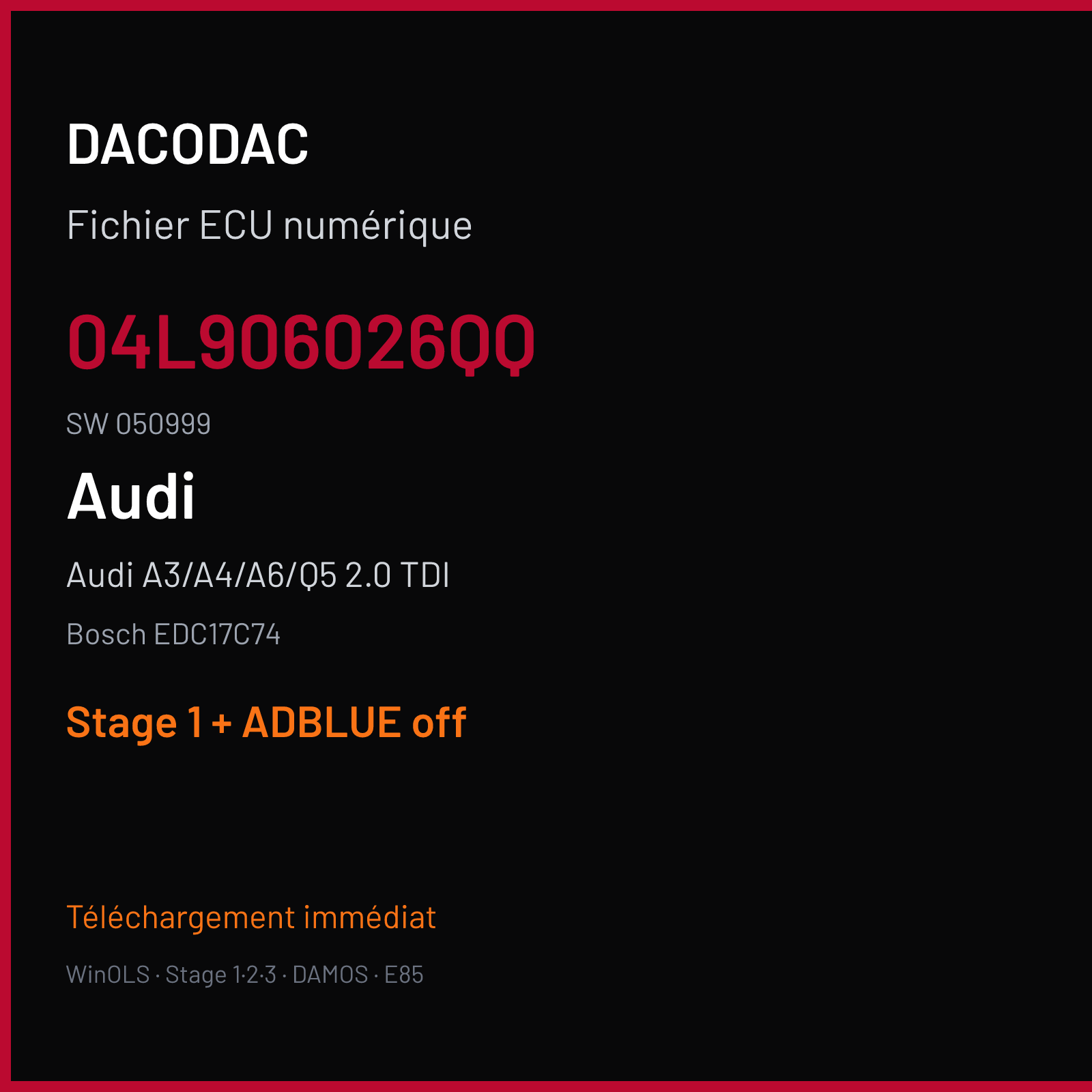 Audi A3/A4/A6/Q5 2.0 TDI — Bosch EDC17C74 — 04L906026QQ · 050999 — Stage 1 + ADBLUE off