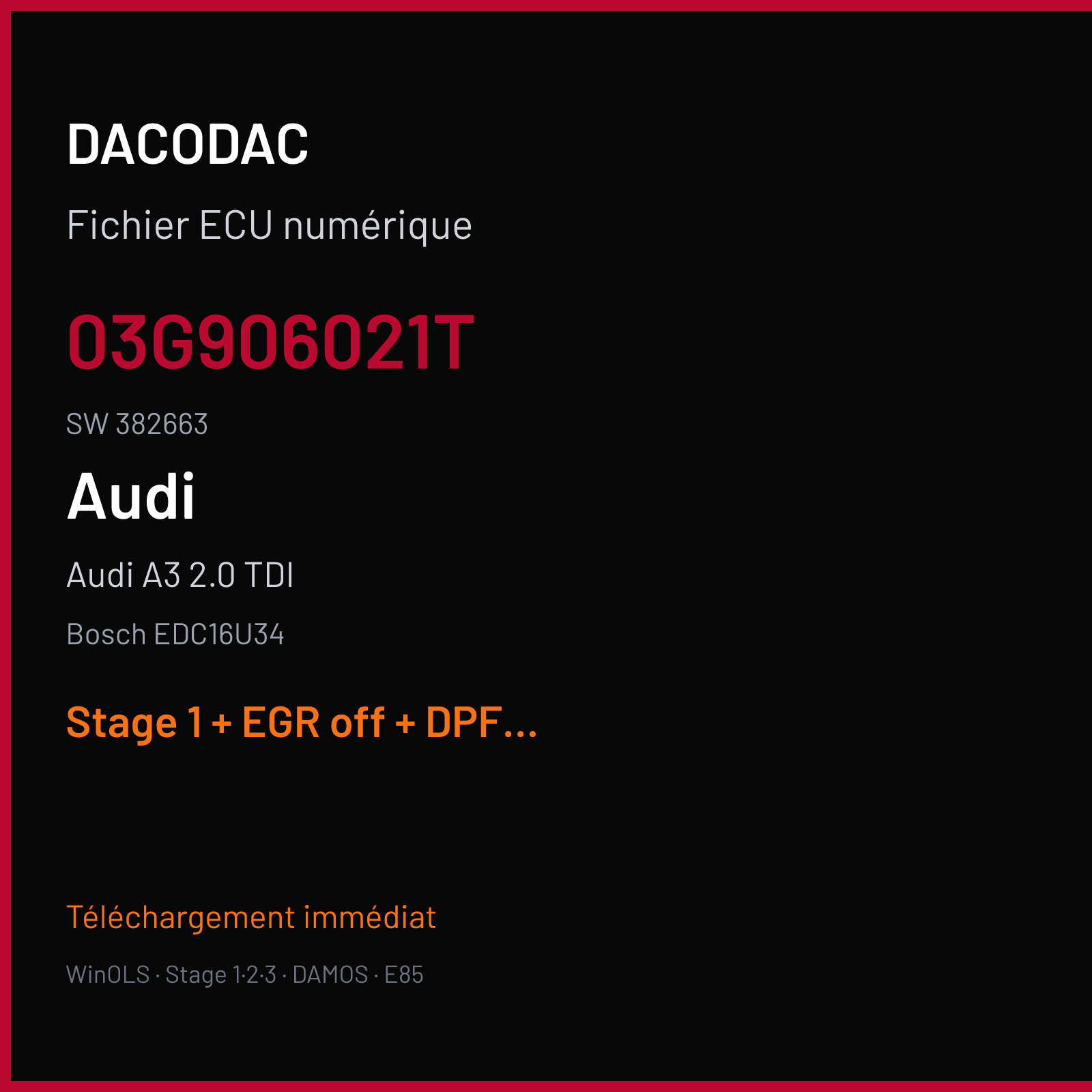 Audi A3 2.0 TDI (2006) — Bosch EDC16U34 — 03G906021T · 382663 — Stage 1 + EGR off + DPF off