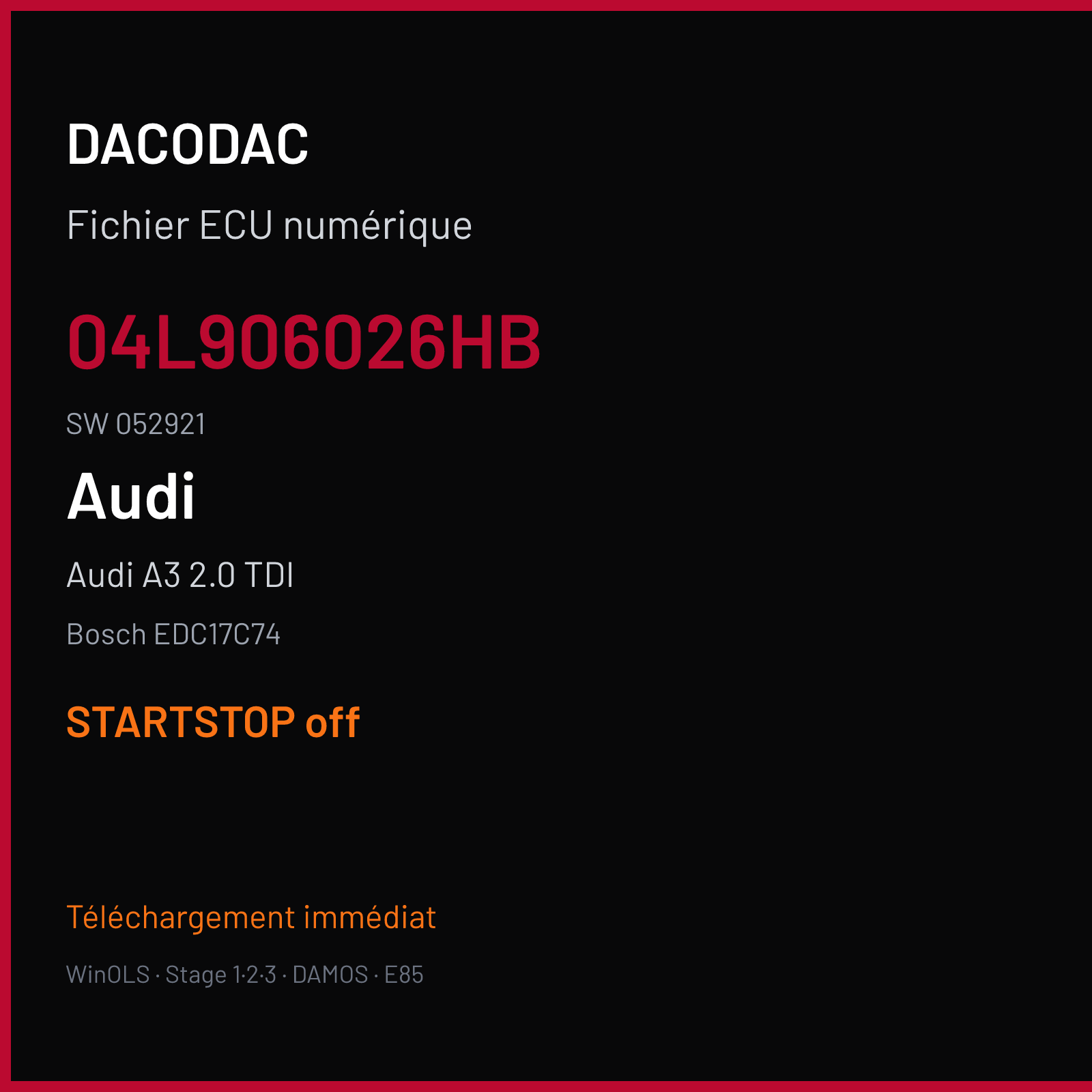 Audi A3 2.0 TDI (2013) — Bosch EDC17C74 — 04L906026HB · 052921 — STARTSTOP off