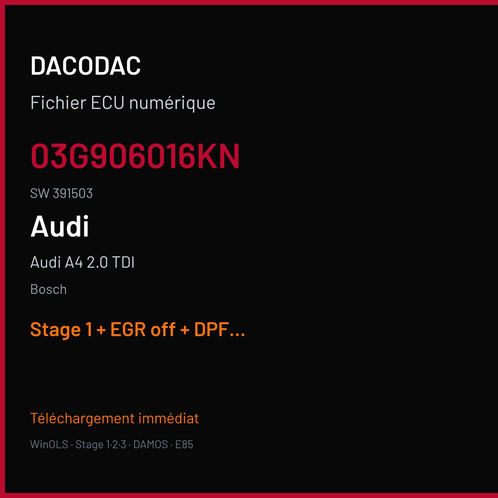 Audi A4 2.0 TDI (2006) — Bosch — 03G906016KN · 391503 — Stage 1 + EGR off + DPF off