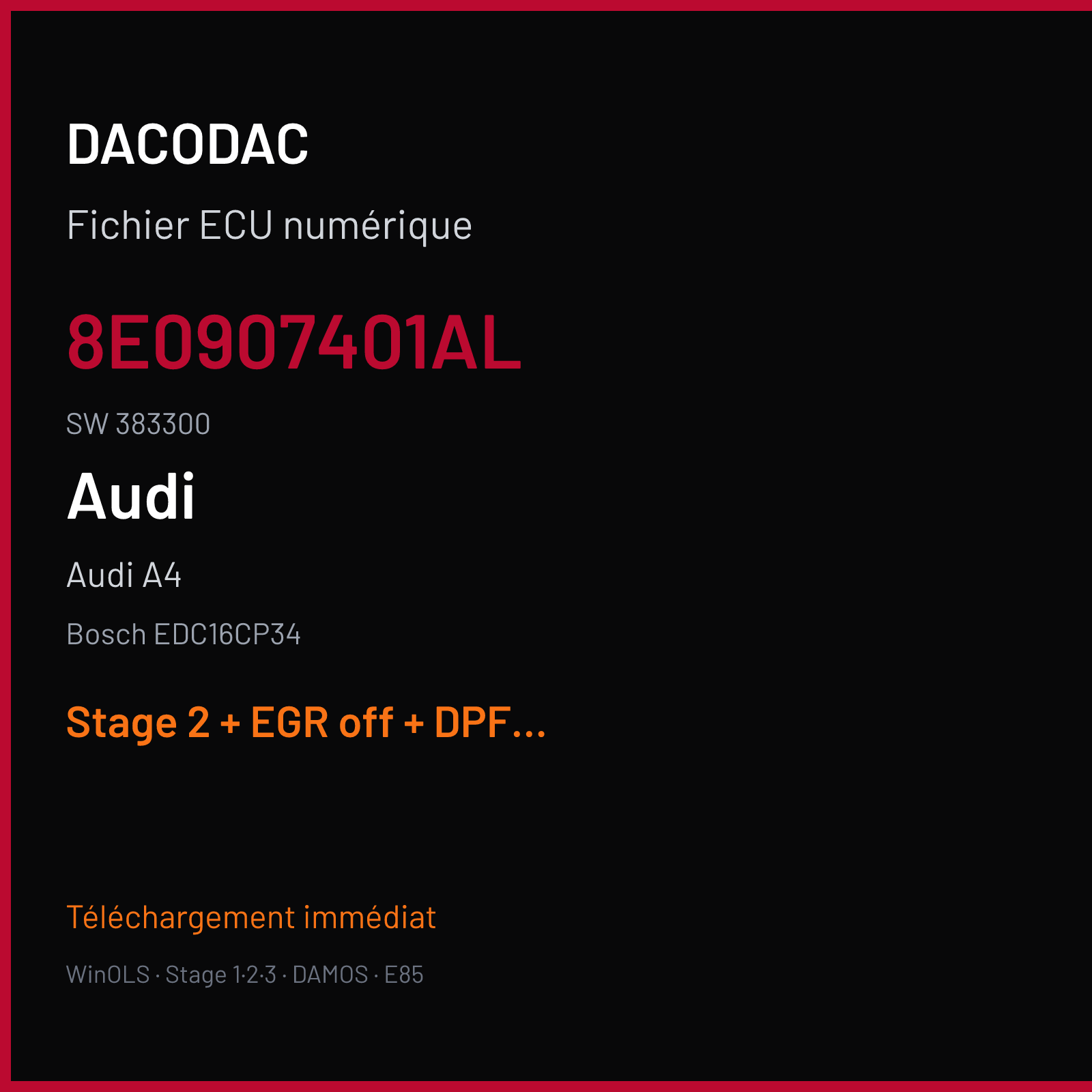 Audi A4 3.0 TDI — Bosch EDC16CP34 — 8E0907401AL · 383300 — Stage 2 + EGR off + DPF off + VMAX off
