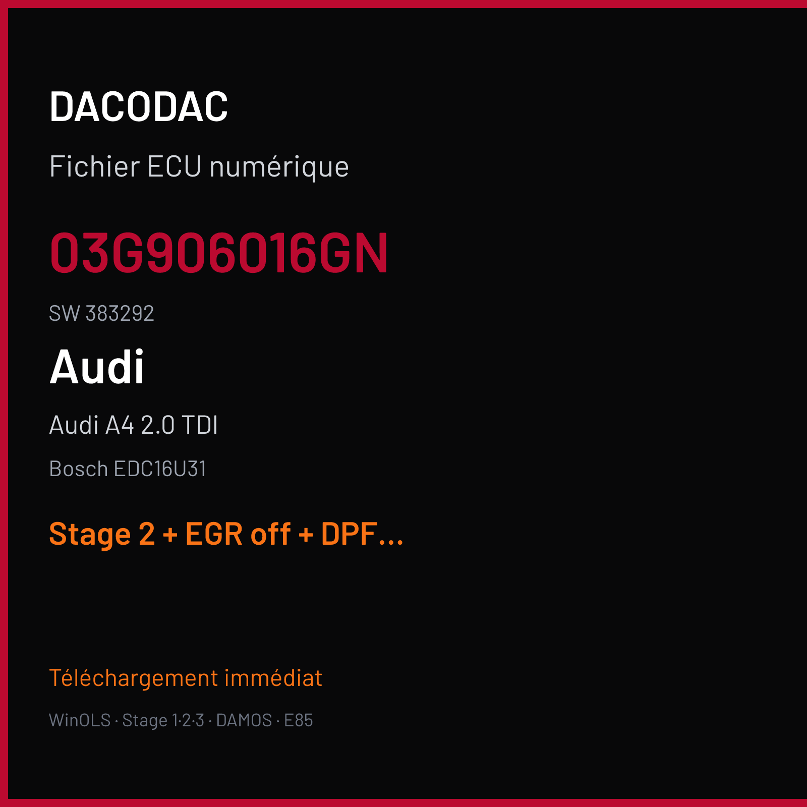 Audi A4 2.0 TDI (2004) — Bosch EDC16U31 — 03G906016GN · 383292 — Stage 2 + EGR off + DPF off + VMAX off