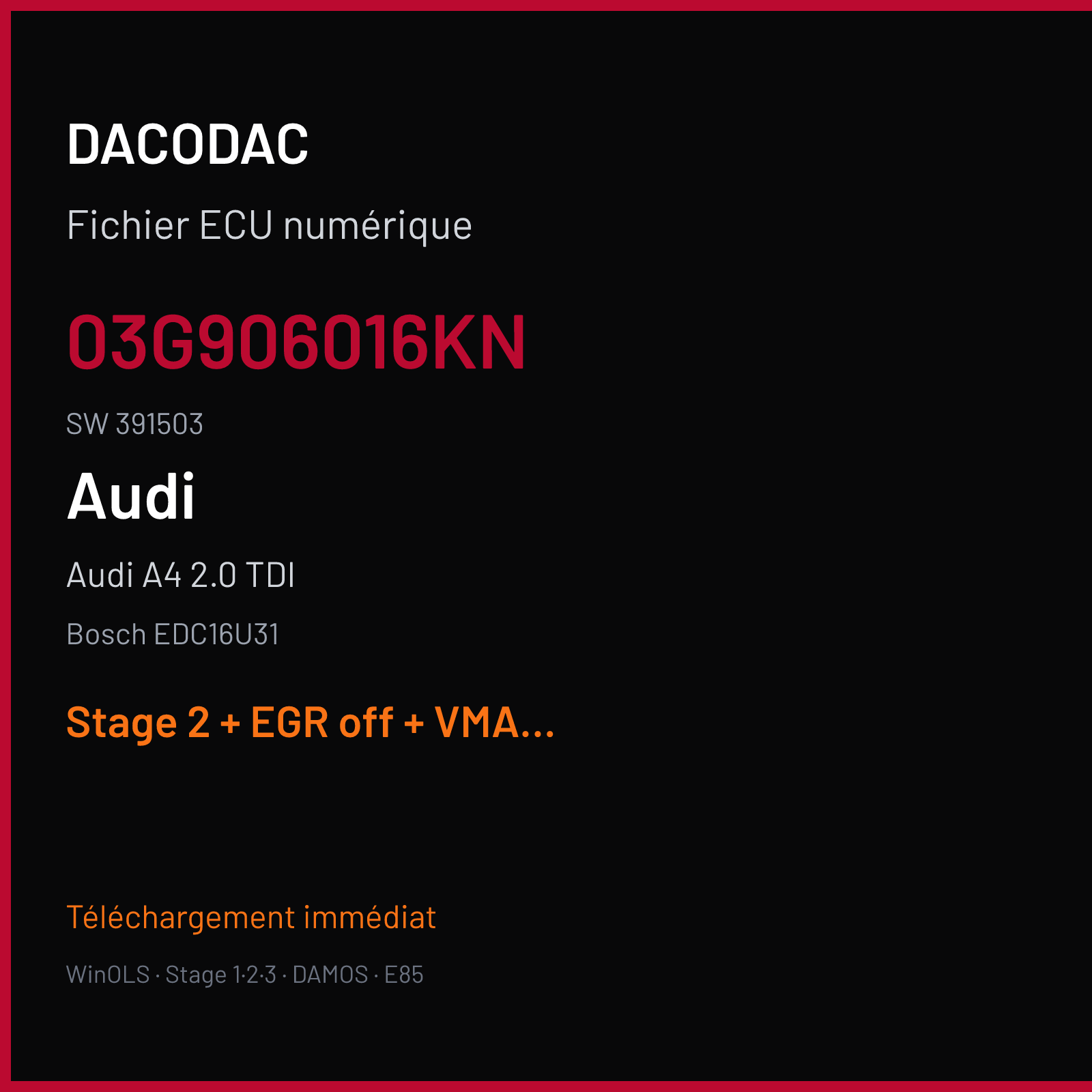Audi A4 2.0 TDI (2007) — Bosch EDC16U31 — 03G906016KN · 391503 — Stage 2 + EGR off + VMAX off