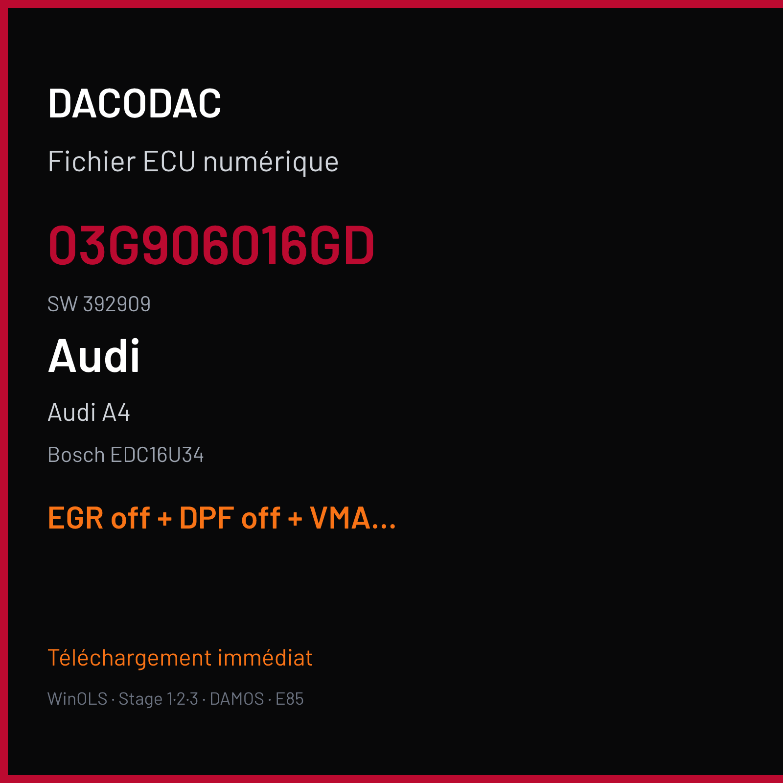 Audi A4 — Bosch EDC16U34 — 03G906016GD · 392909 — EGR off + DPF off + VMAX off + MAF off
