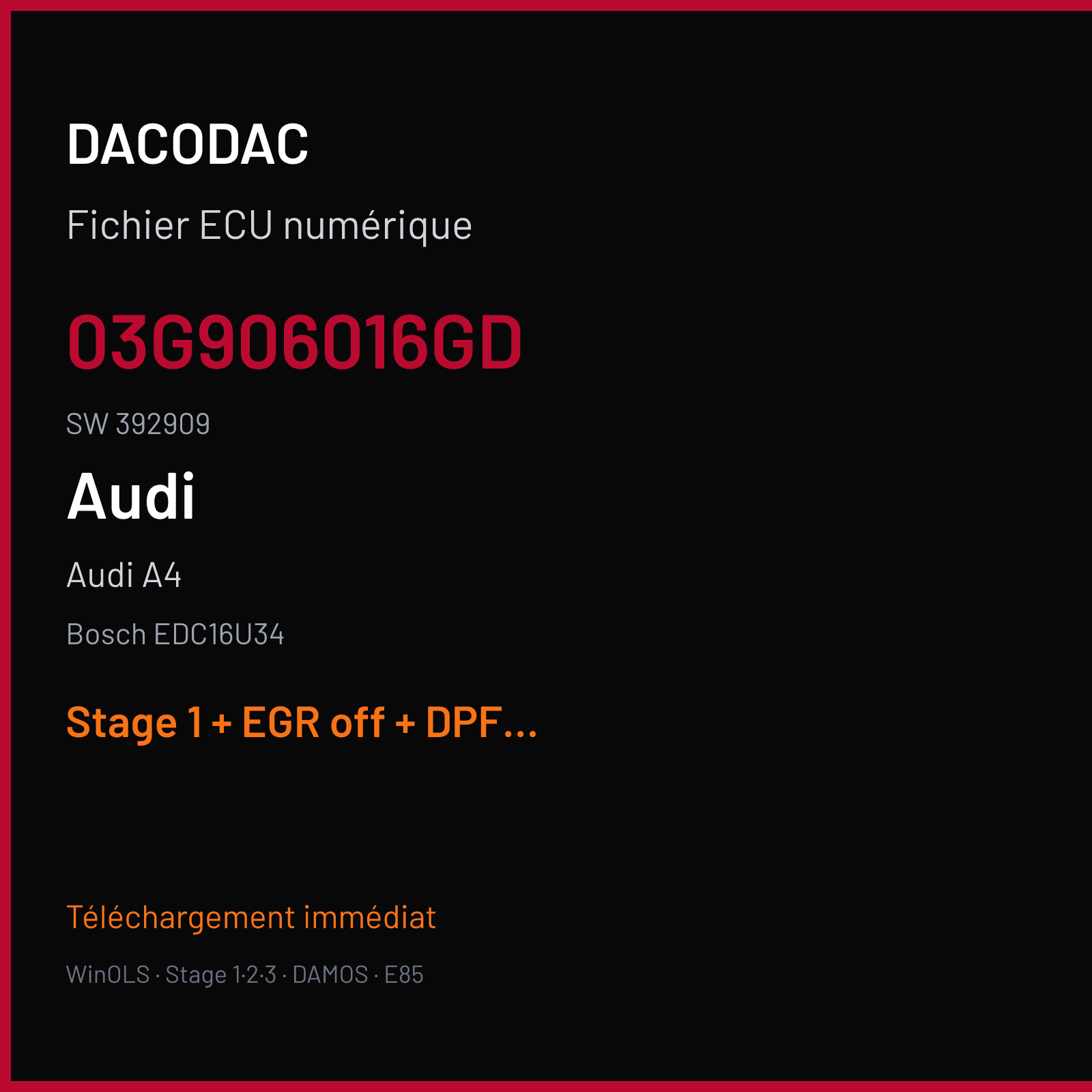 Audi A4 — Bosch EDC16U34 — 03G906016GD · 392909 — Stage 1 + EGR off + DPF off + VMAX off + MAF off
