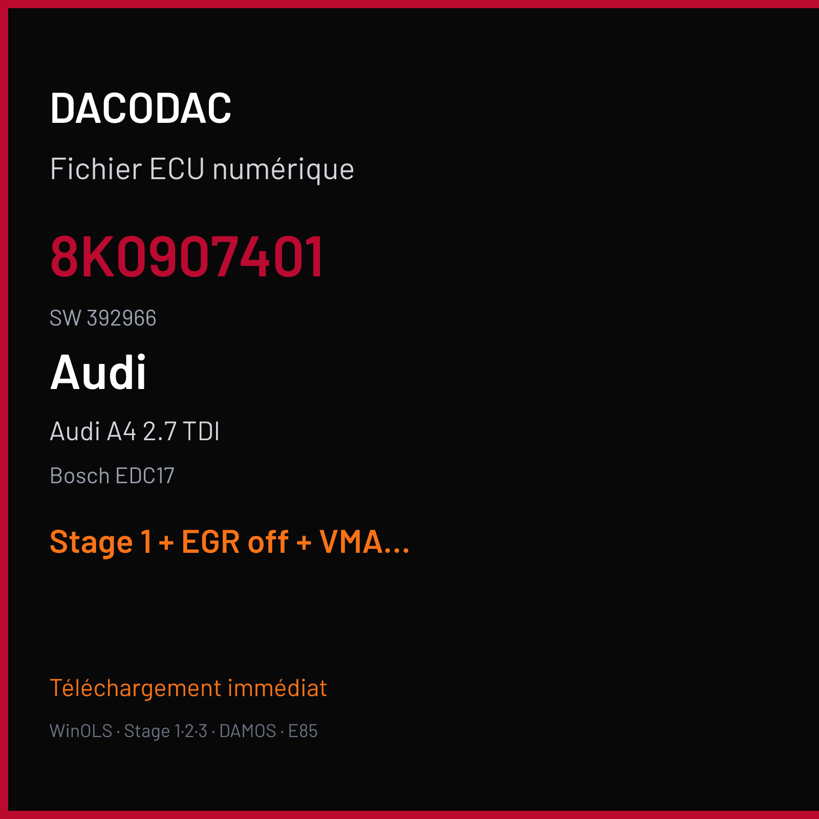 Audi A4 2.7 TDI (2010) — Bosch EDC17 — 8K0907401 · 392966 — Stage 1 + EGR off + VMAX off