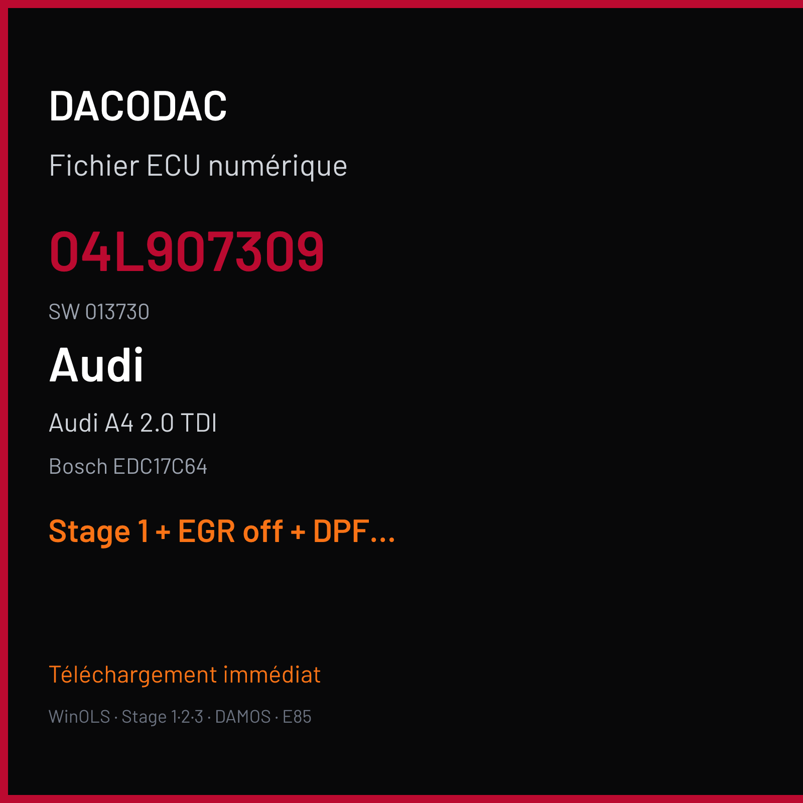 Audi A4 2.0 TDI (2014) — Bosch EDC17C64 — 04L907309 · 013730 — Stage 1 + EGR off + DPF off + VMAX off