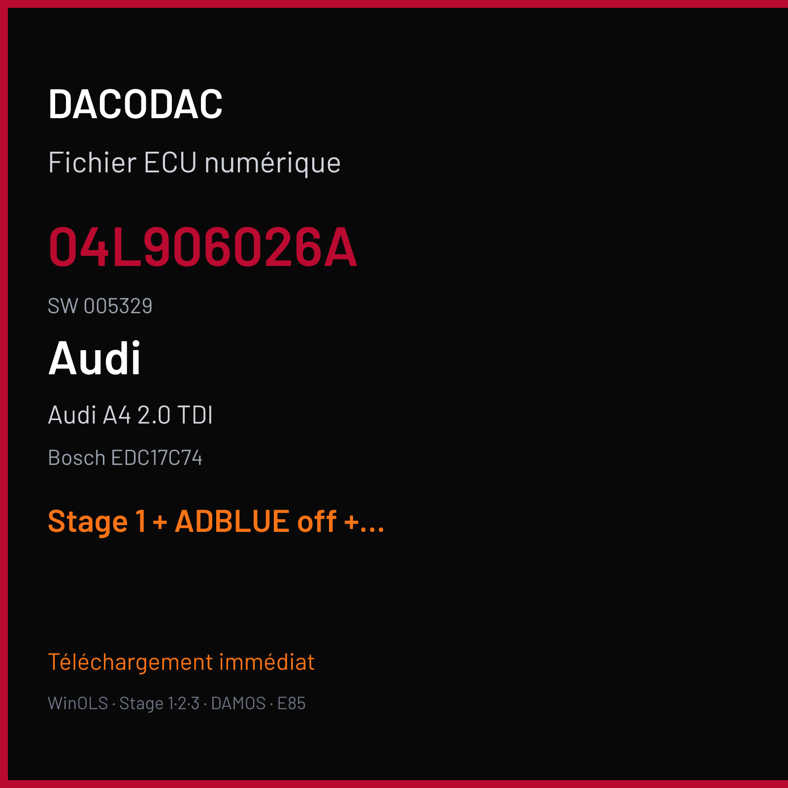 Audi A4 2.0 TDI (2016) — Bosch EDC17C74 — 04L906026A · 005329 — Stage 1 + ADBLUE off + VMAX off
